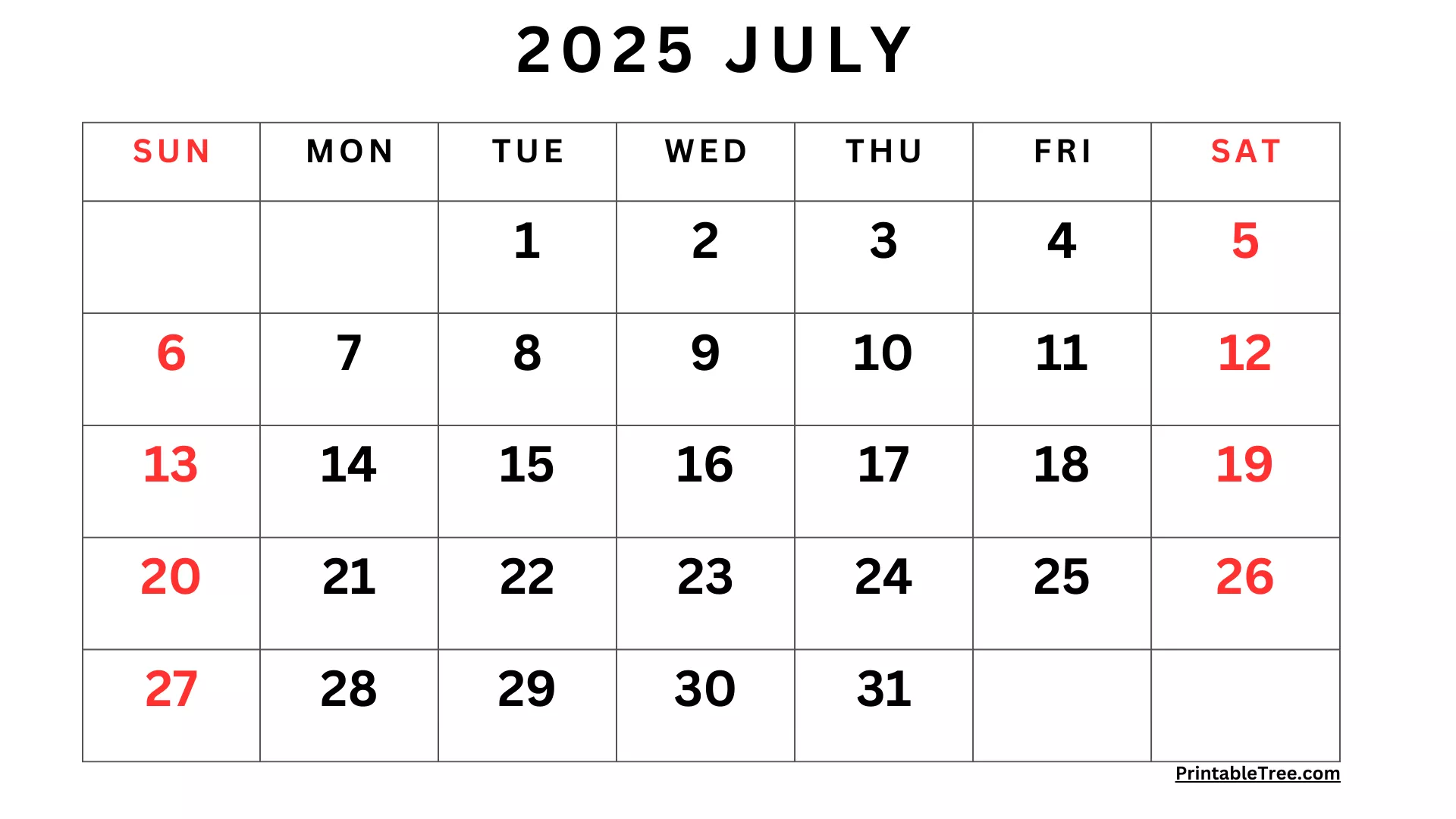 July 2025 Calendar Printable PDF