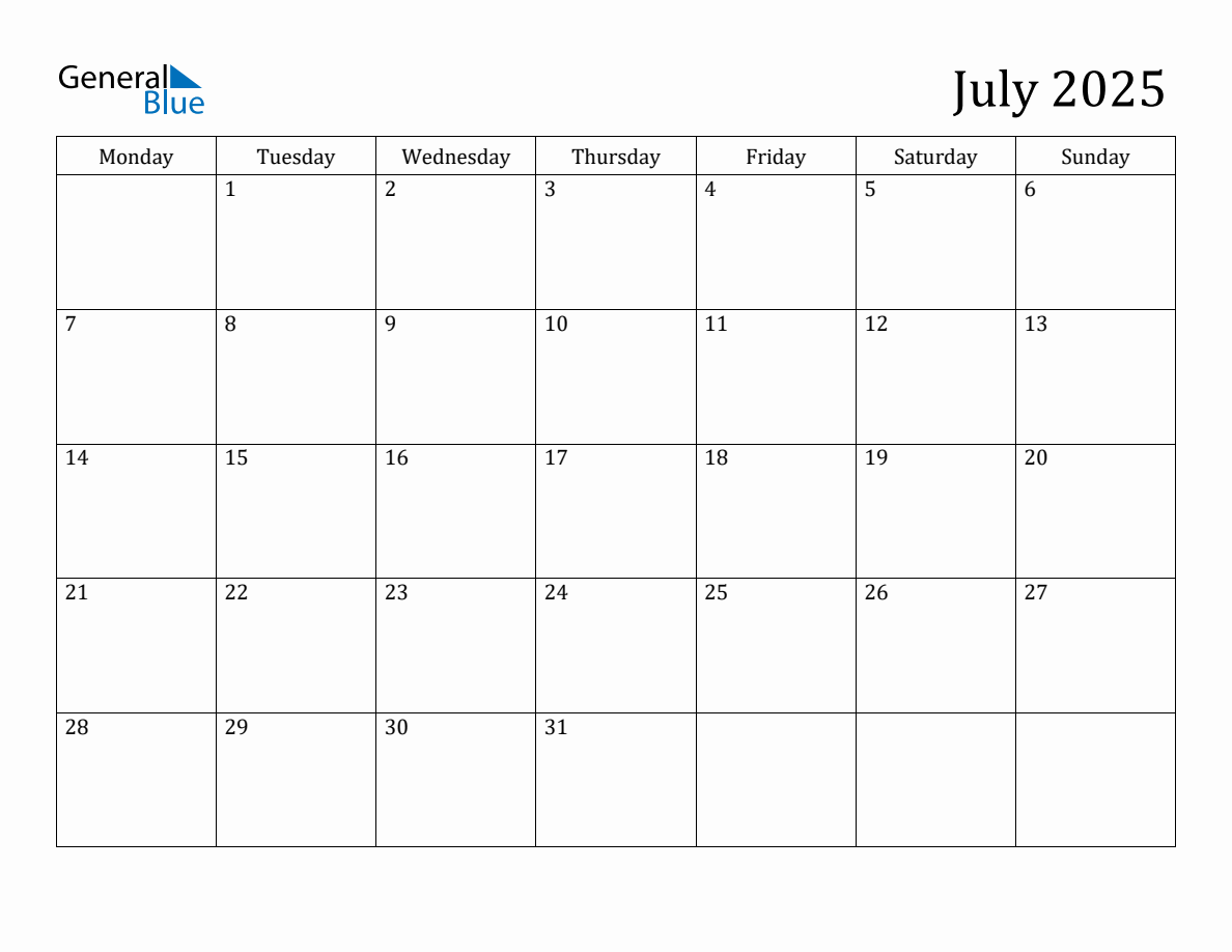 July 2025 Monday Start Calendar PDF