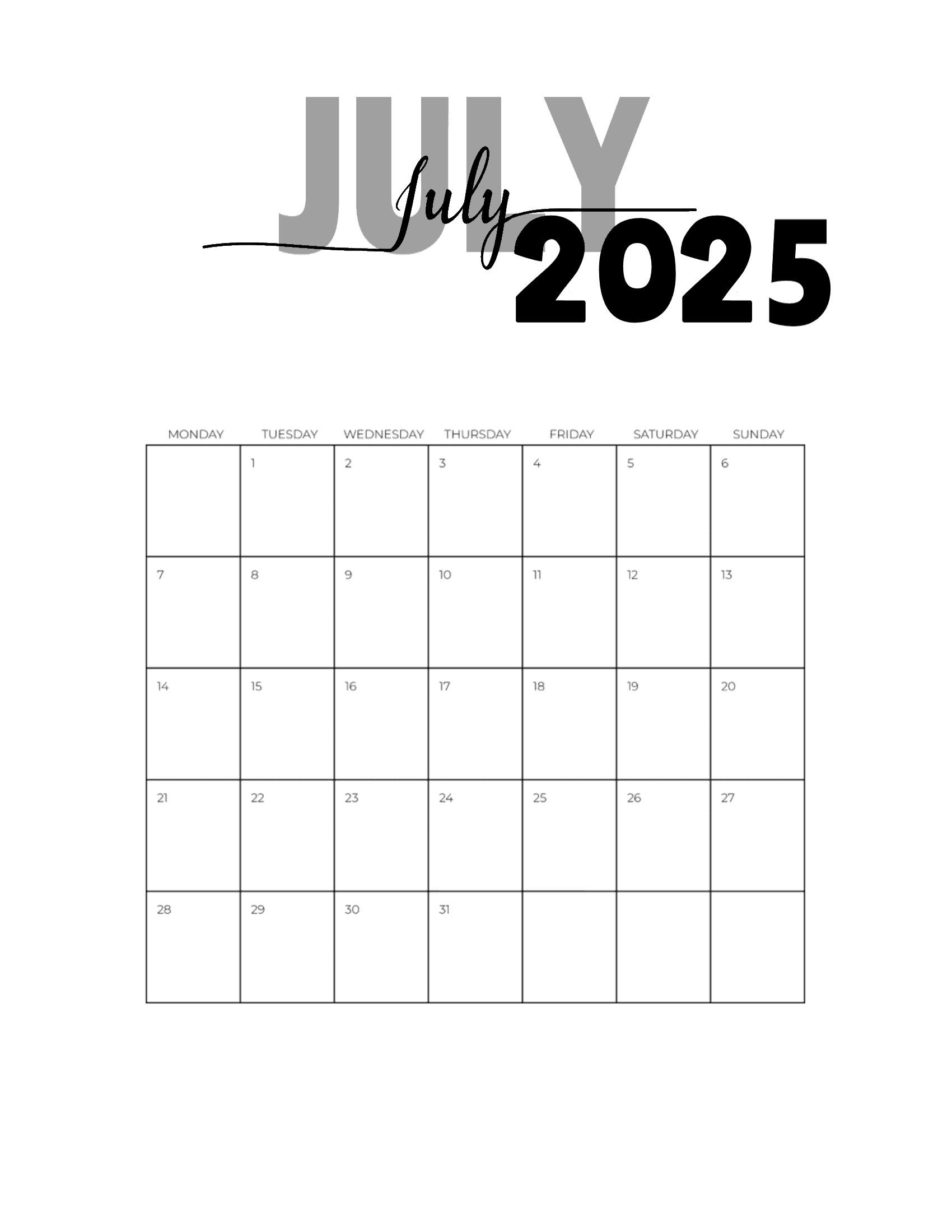 Free Printable July 2025 Calendar