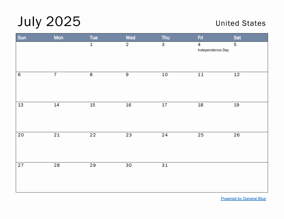 Monthly Calendar for July 2025