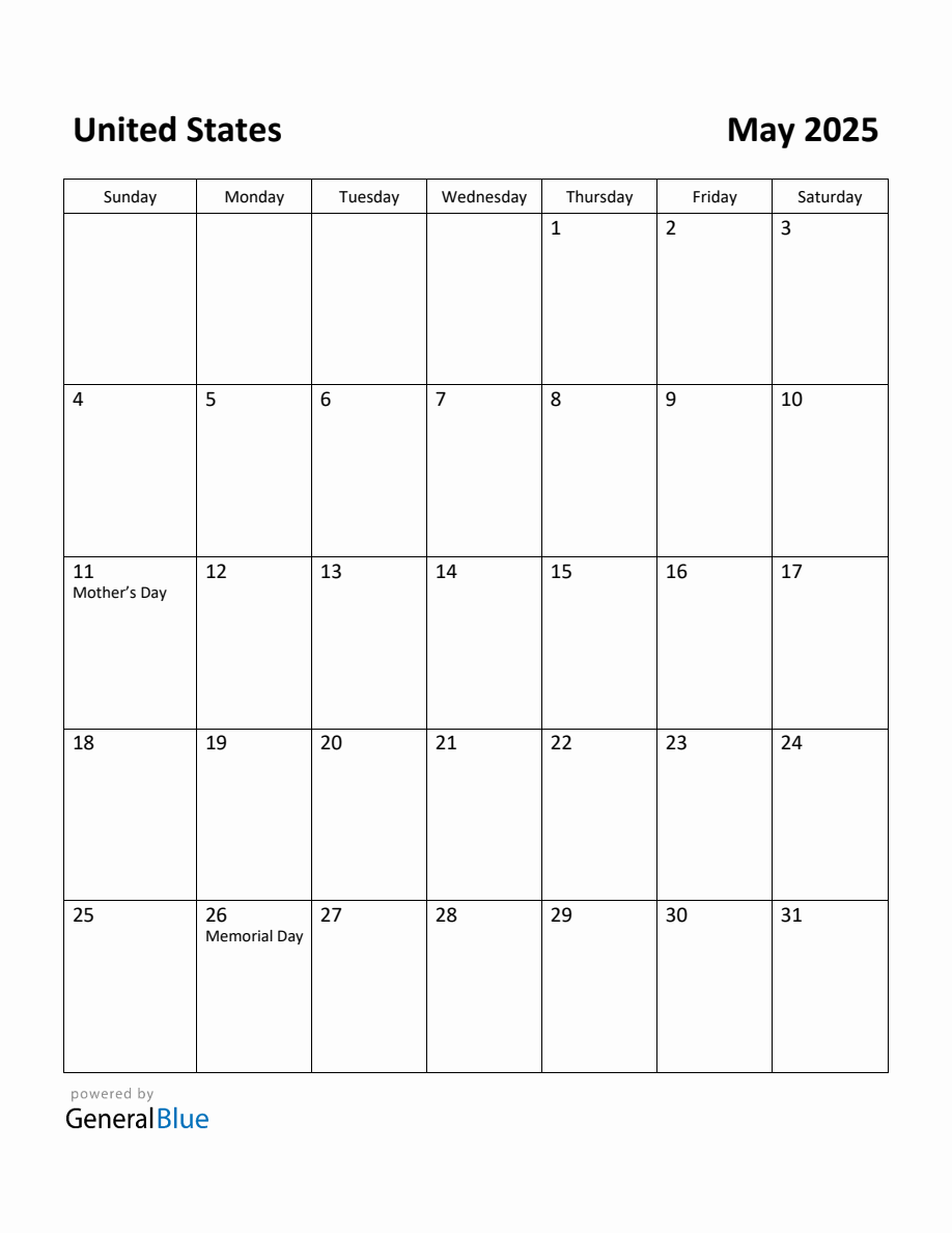 Free Printable May 2025 Calendar