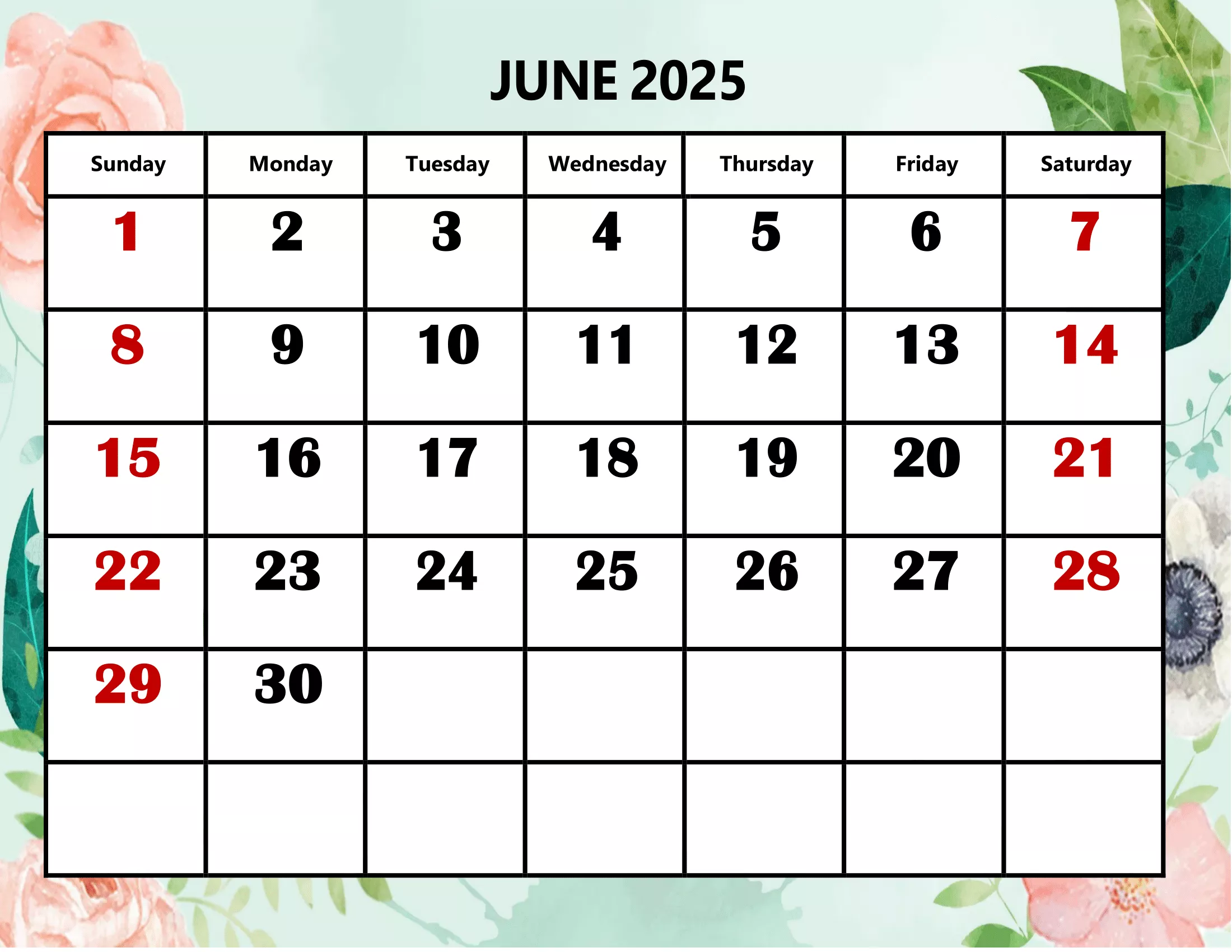 Free June 2025 Calendar Printable PDF
