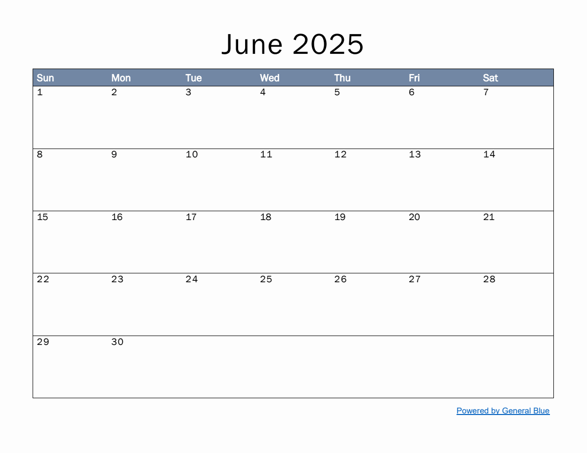 Monthly Calendar for June 2025
