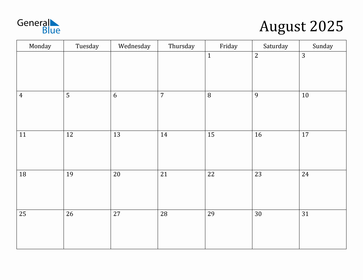August 2025 Monday Start Calendar PDF