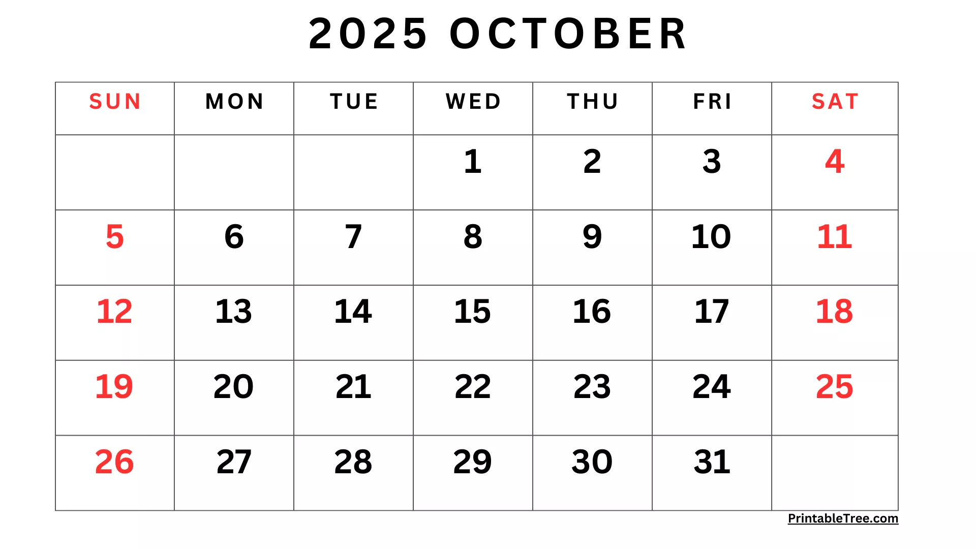 October 2025 Calendar Printable PDF