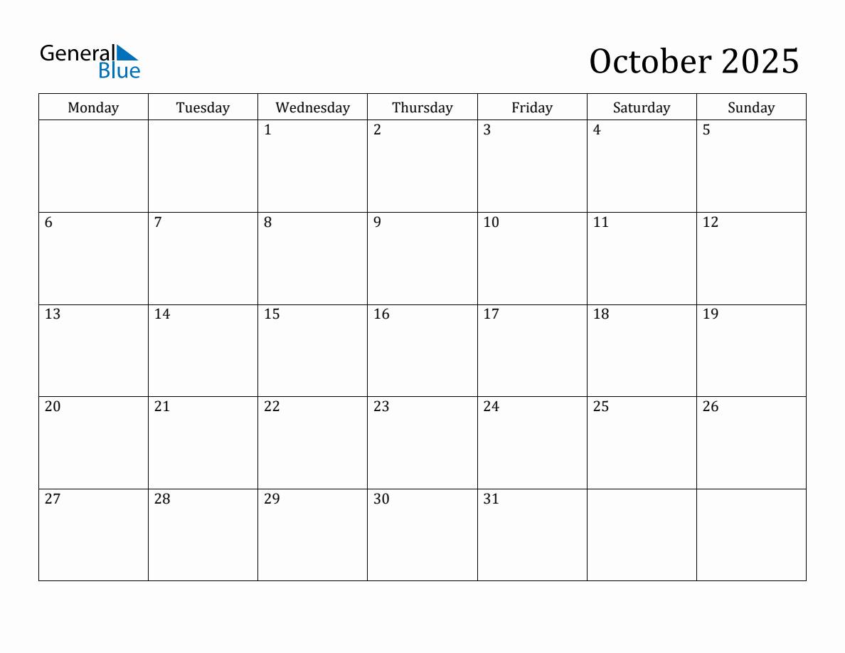 October 2025 Monday Start Calendar PDF