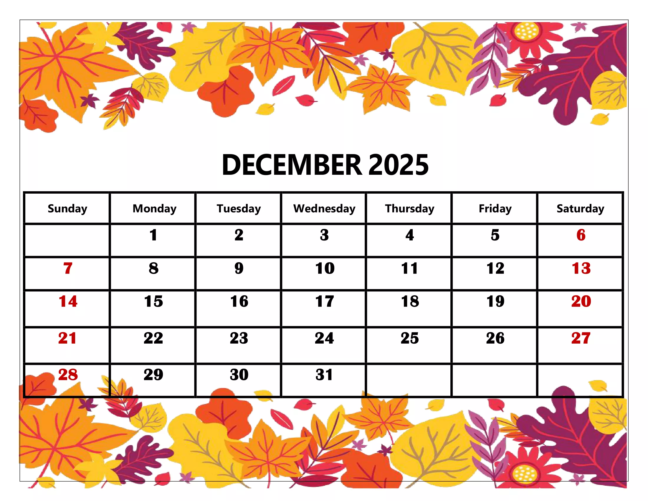 December 2025 Calendar Printable PDF