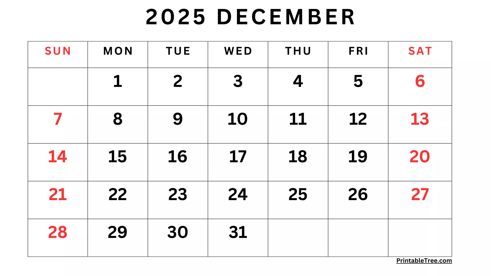 December 2025 Calendar Printable PDF