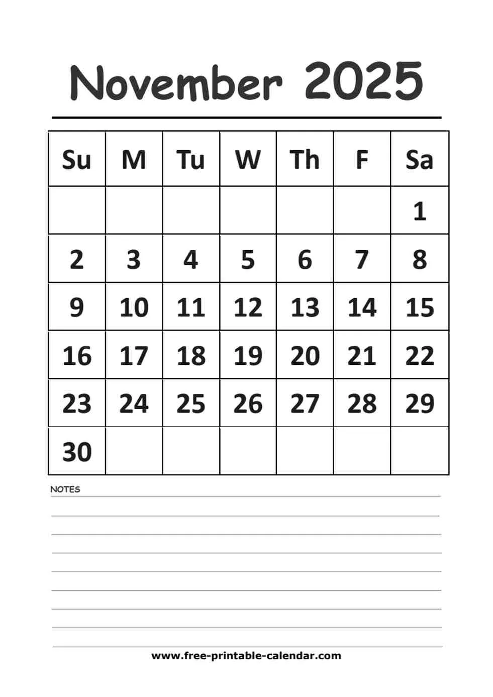 2025 Calendar November Printable