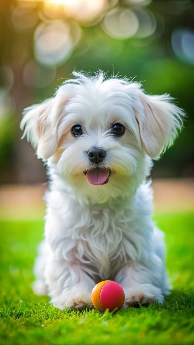 cute Maltese dog puppy with playing ball
