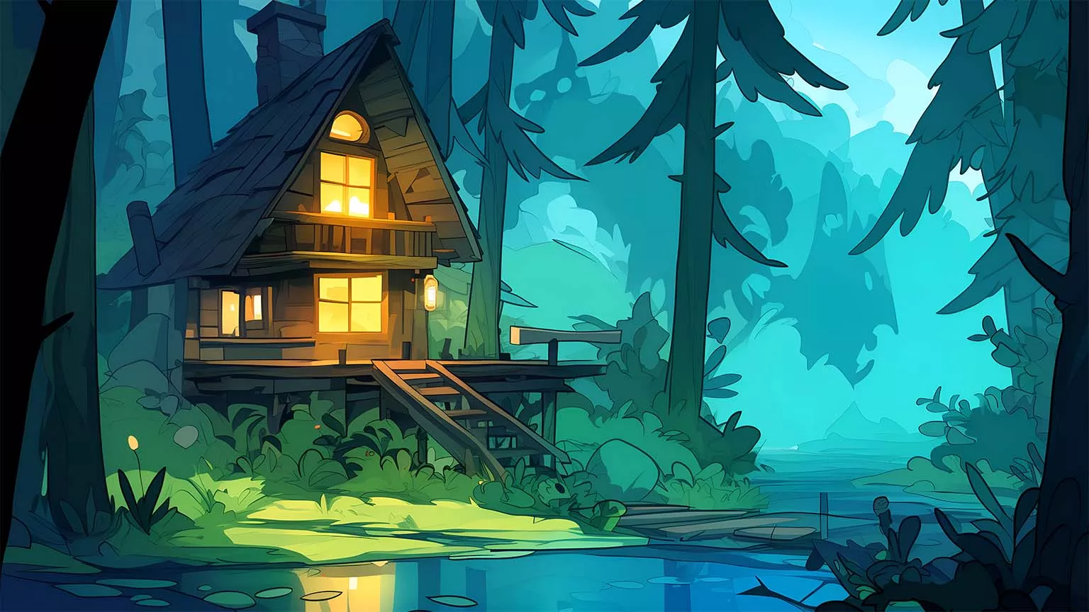 Cozy Cabin in Forest Desktop Wallpaper