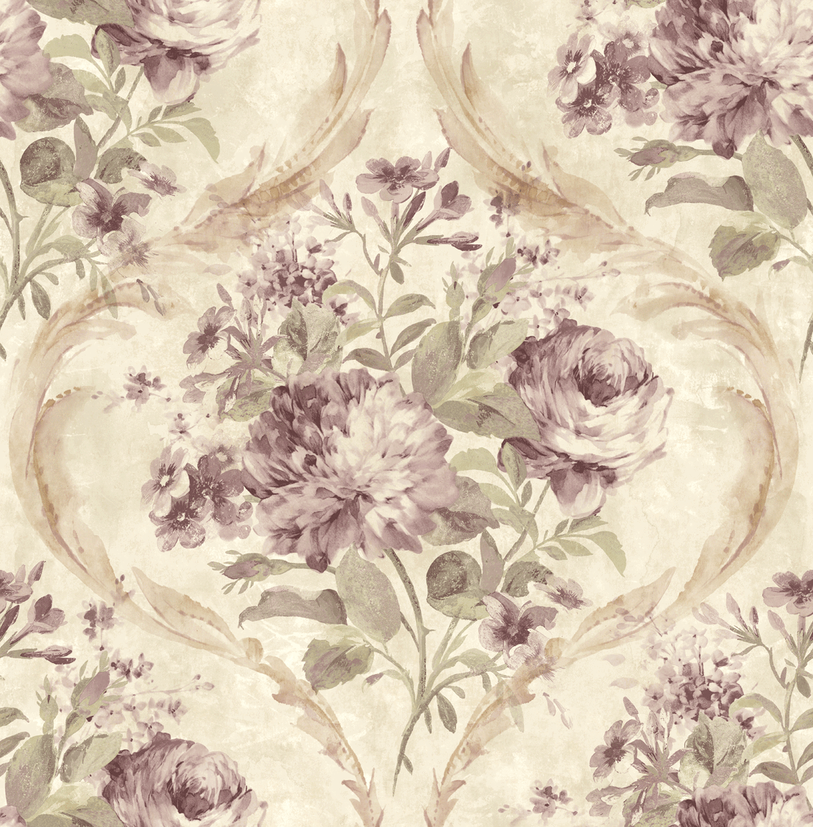 Floral Wallpaper Purple Green Cream