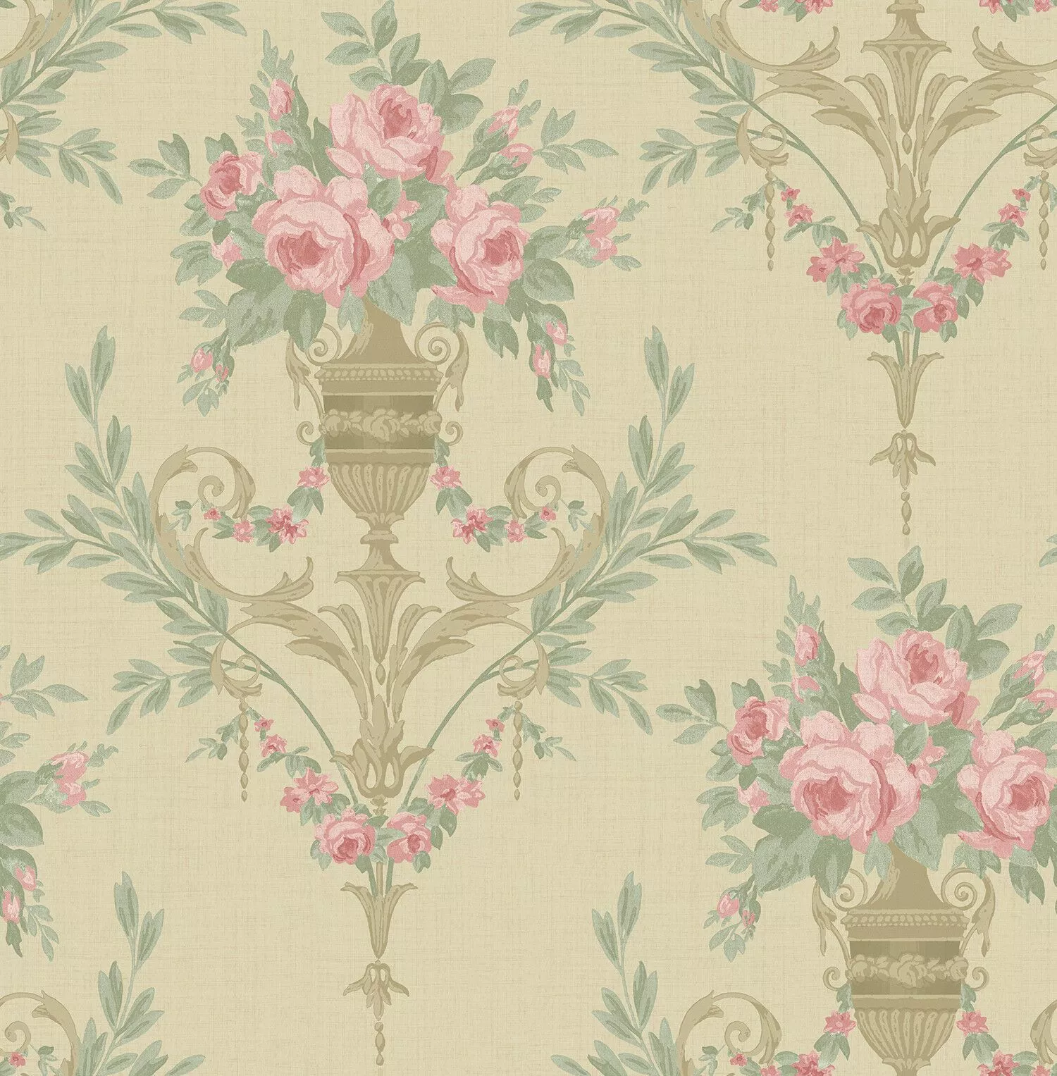 Floral Wallpaper Gold Pink Cream Green
