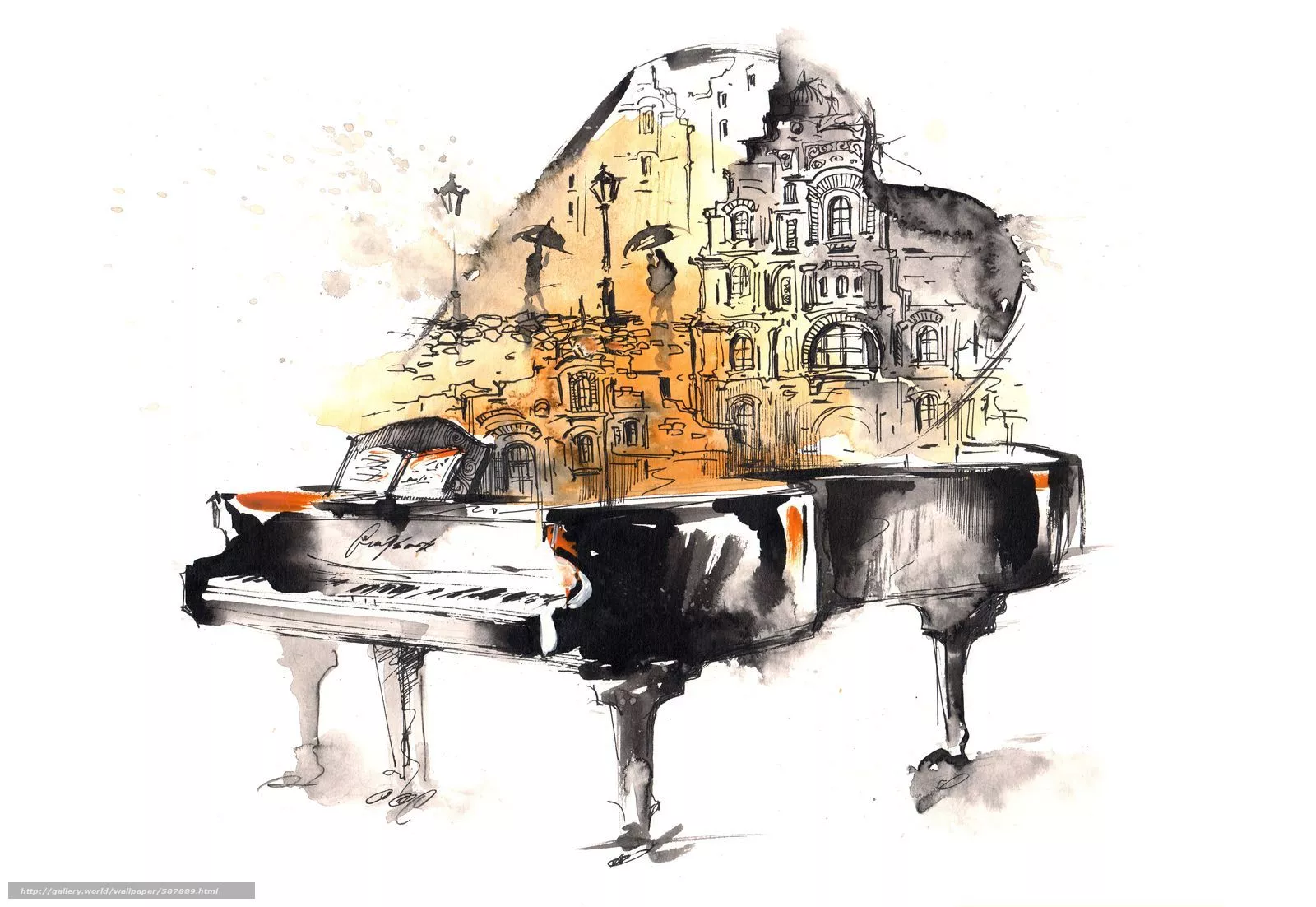 Download wallpaper piano, music, rain