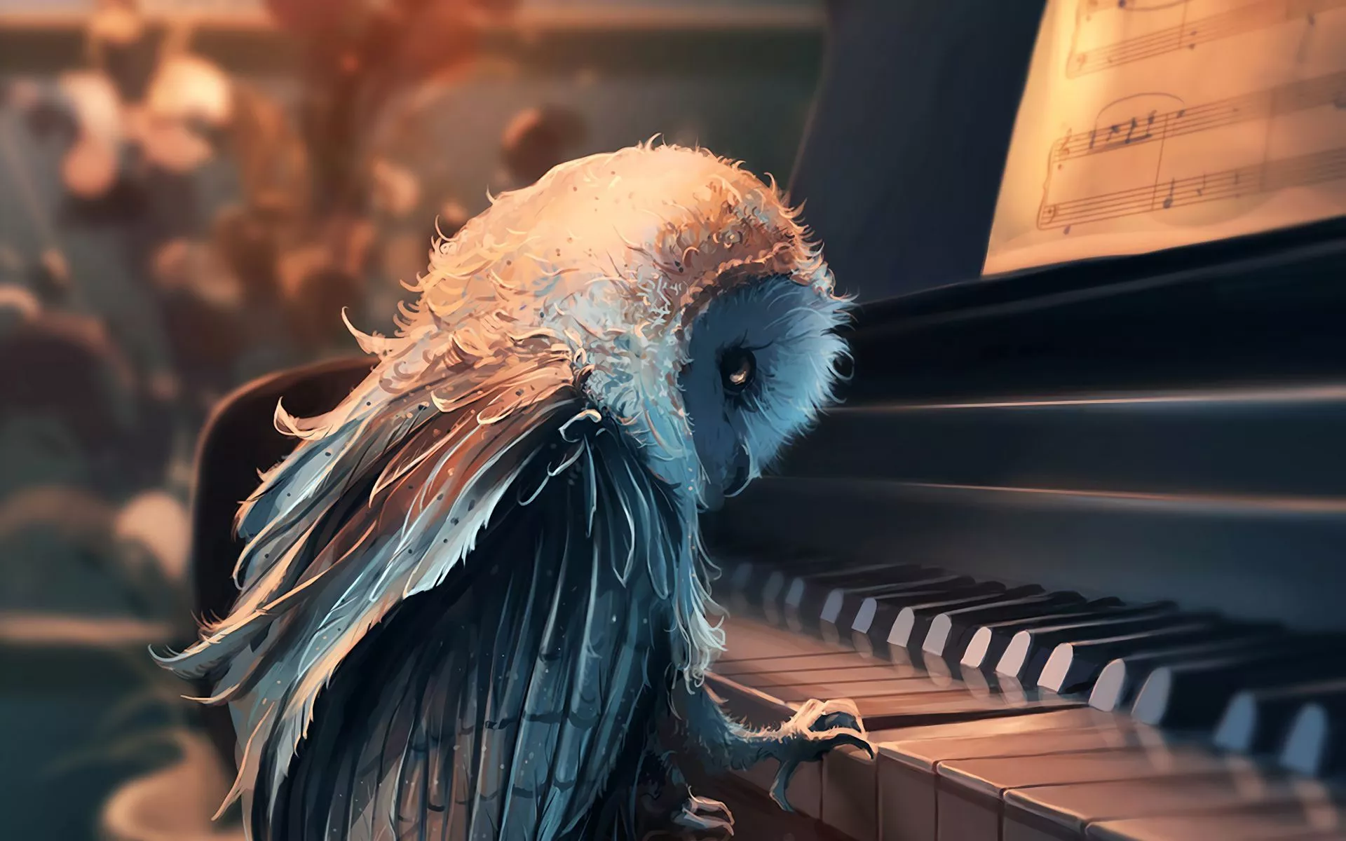 wallpaper 1920x1200 owl, piano, art