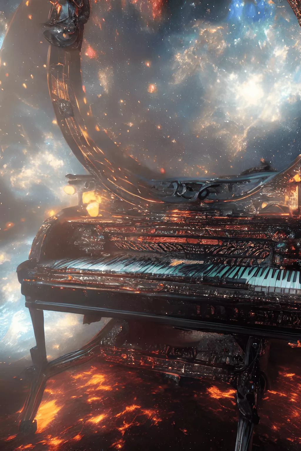 Mystical Piano in Fire with Owl