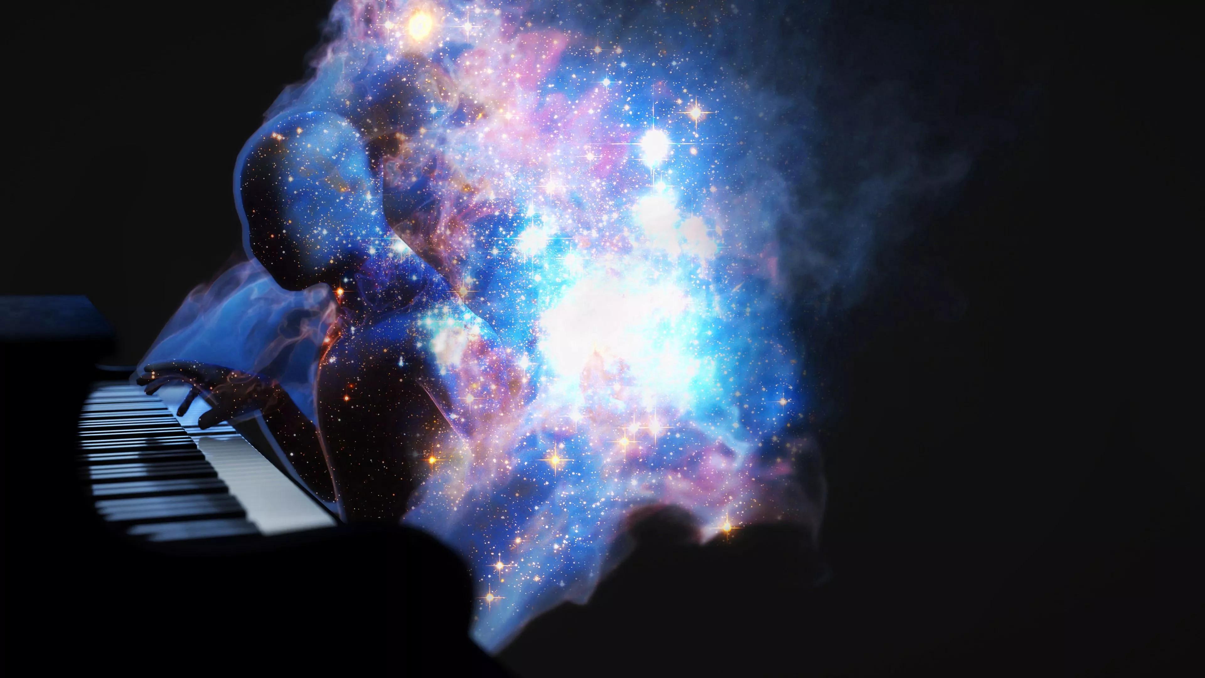 silhouette, space, piano, art, 4k HD