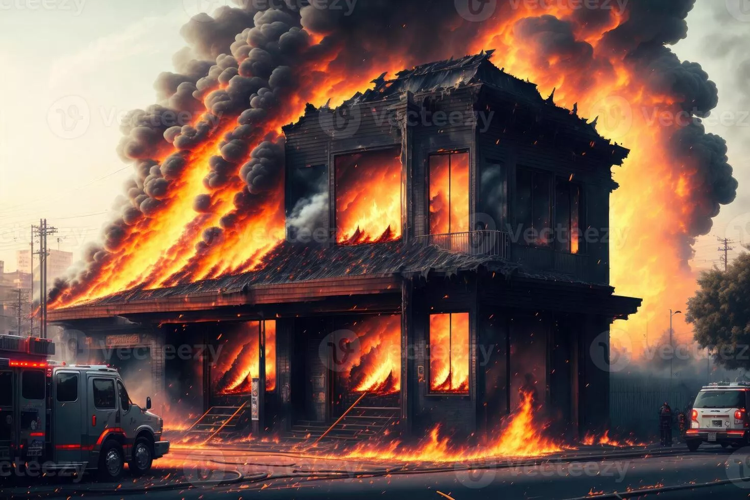 a building on fire with a lot of flames