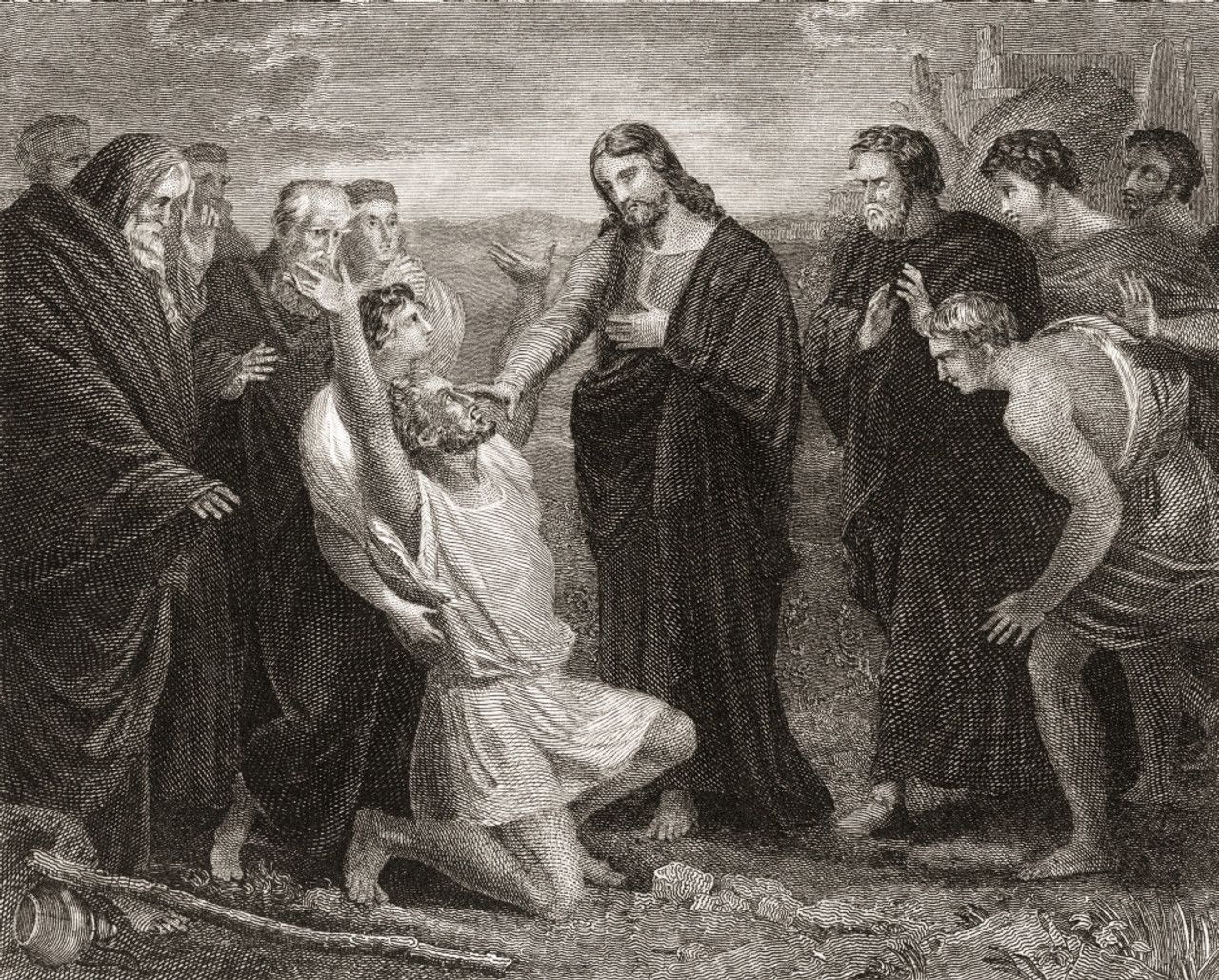 Jesus healing the blind. From a 19th