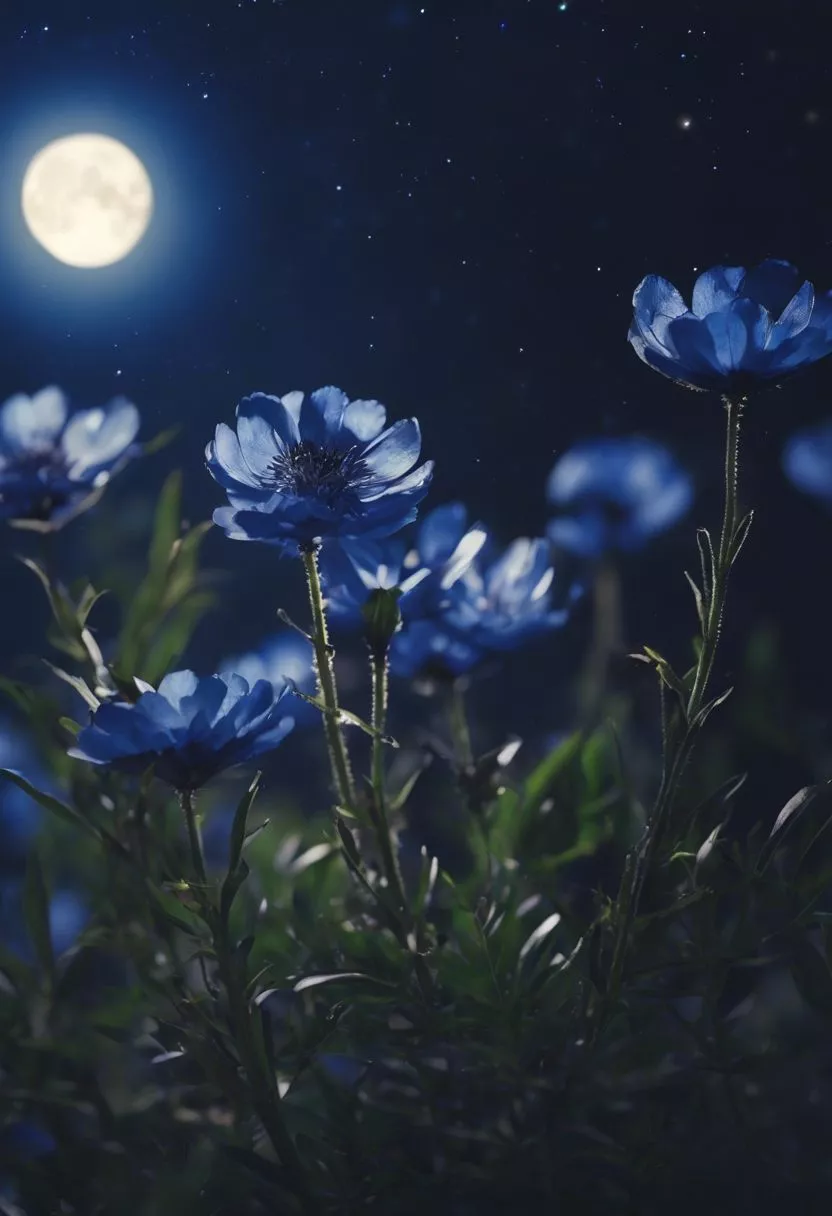 dark blue flowers under a bright moon