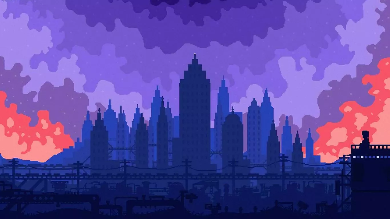 silhouette, cityscape, pixel art