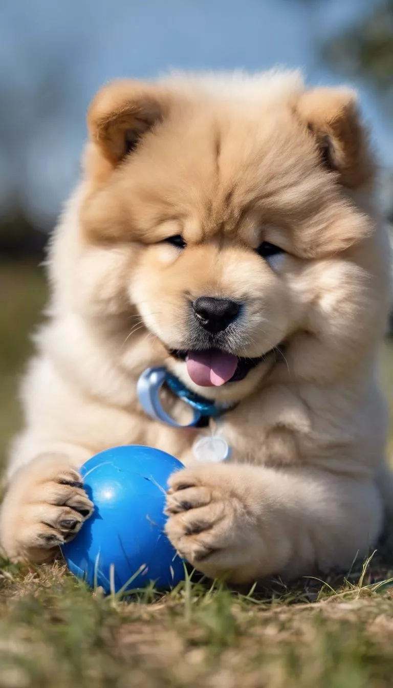 adorable fluffy chow chow puppy chewing