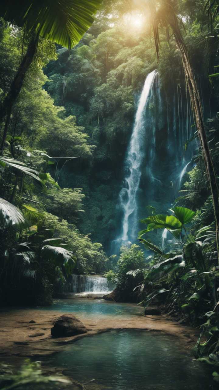 A dense tropical jungle with a clear