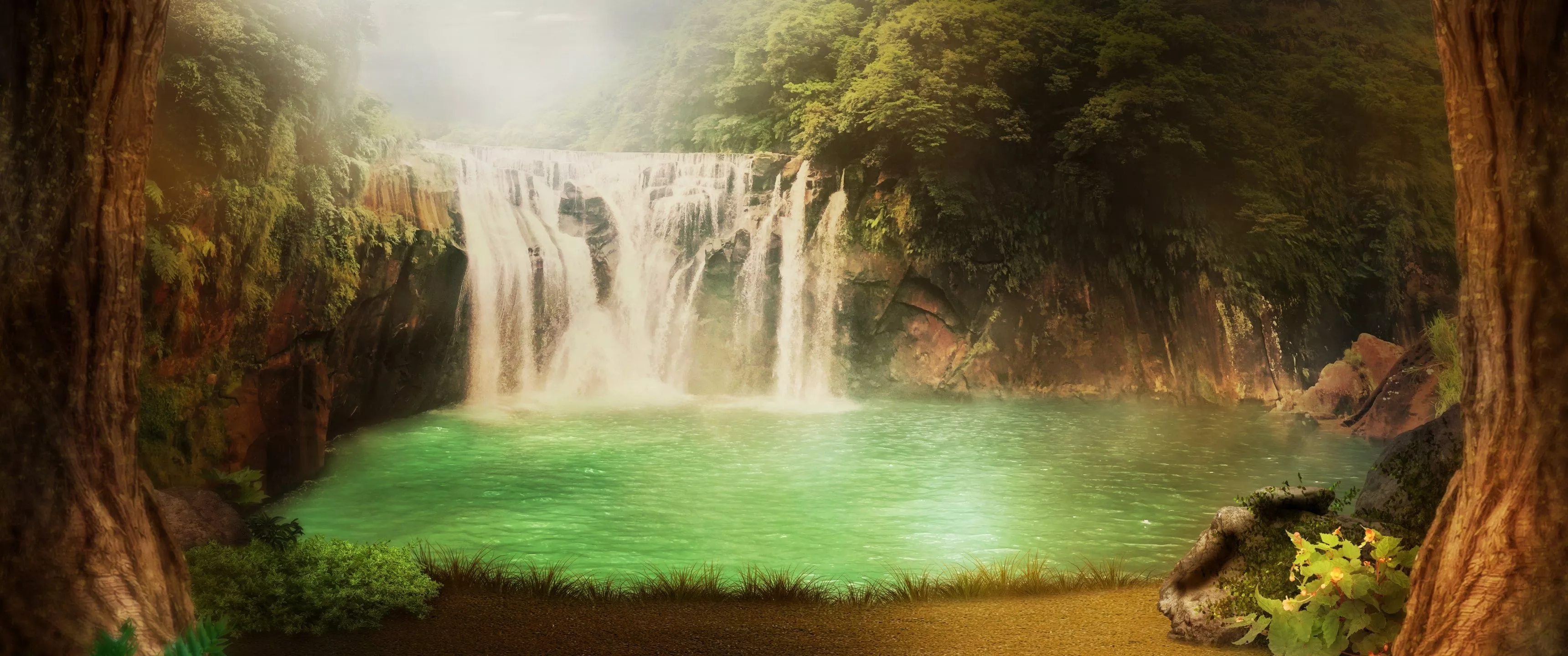 Surreal Wallpaper 4K, Waterfall, Forest