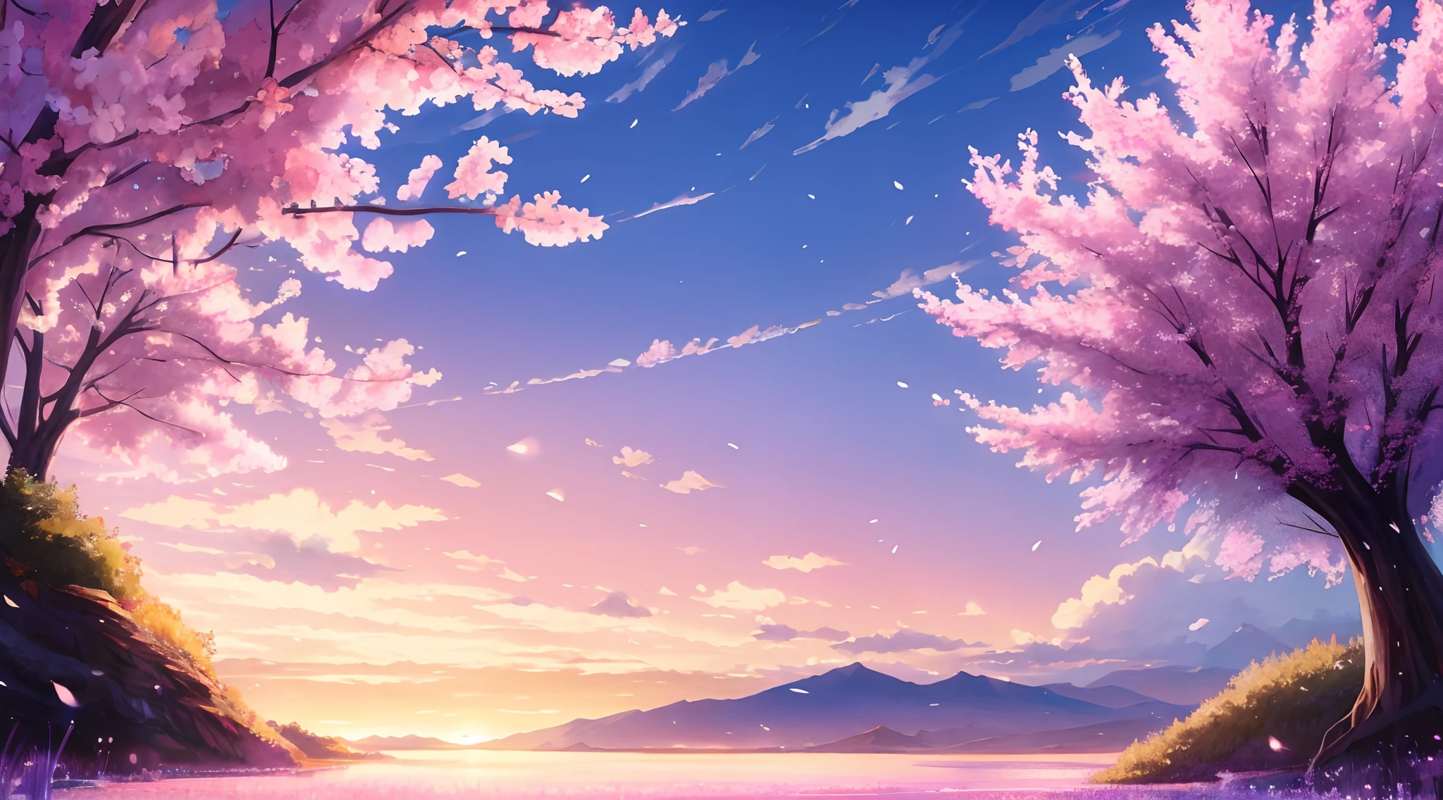 Anime scenery of a lake with trees