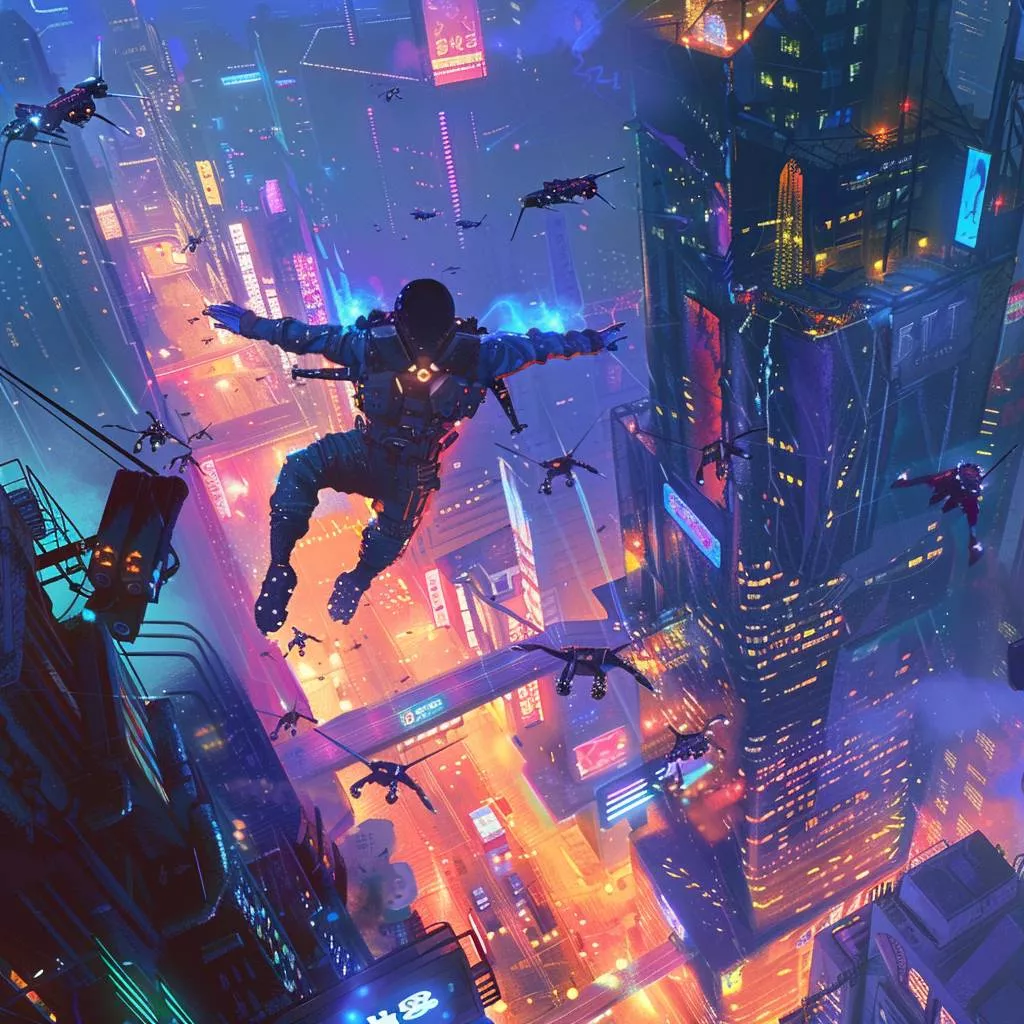 A cyberpunk video game art style chase