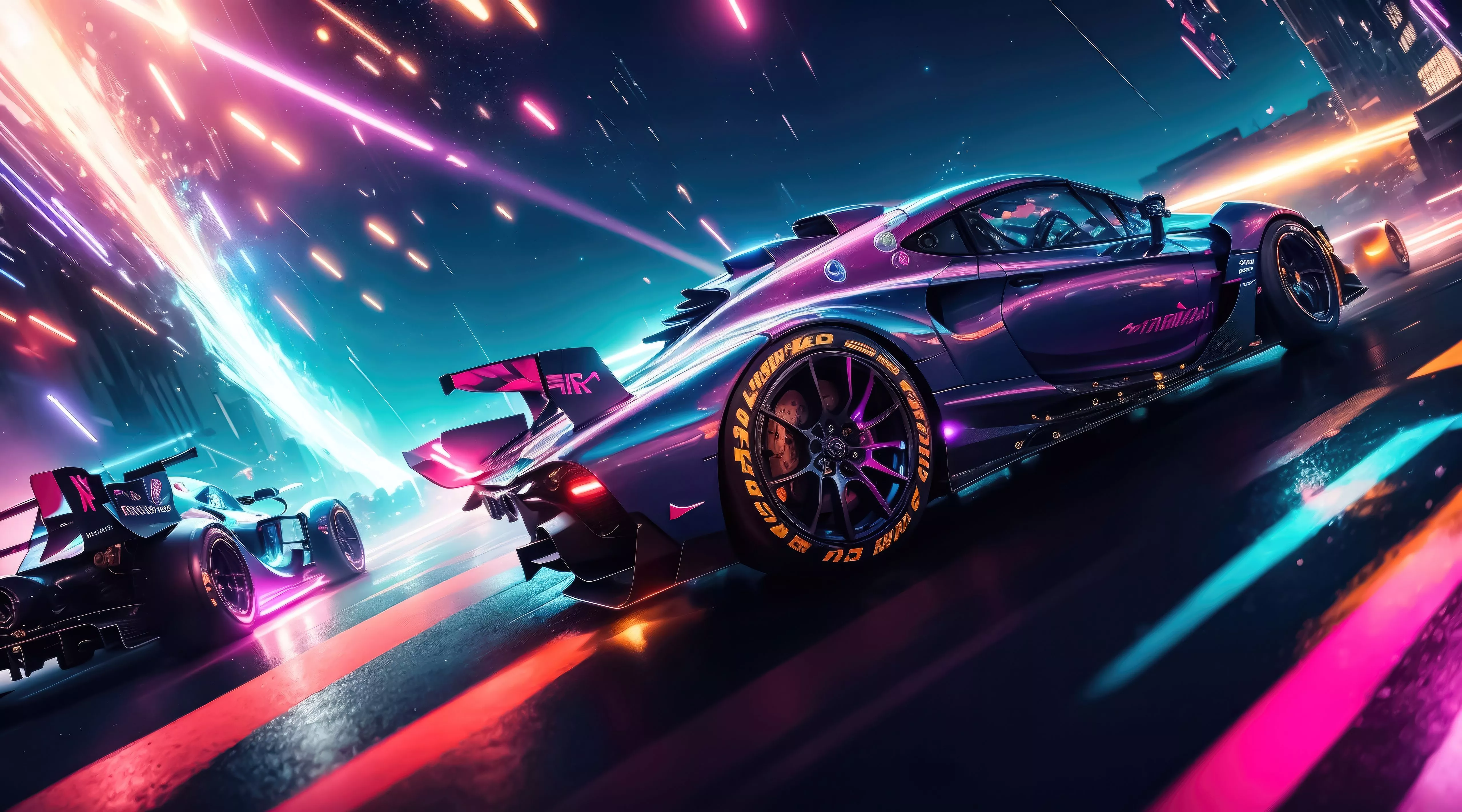 Cyberpunk Racing Cars On Track