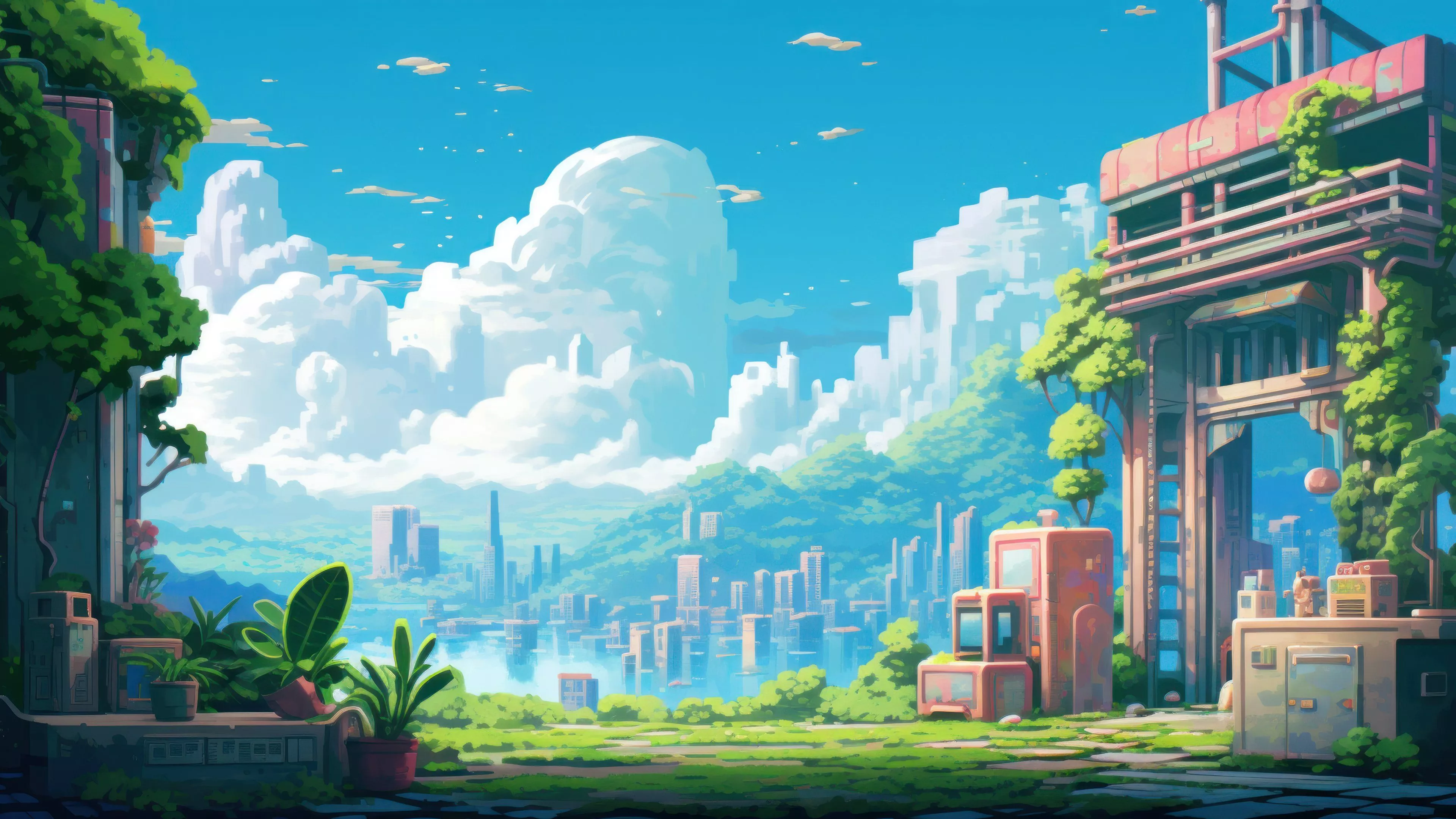 Sunny Day Pixel Art 4K Wallpaper