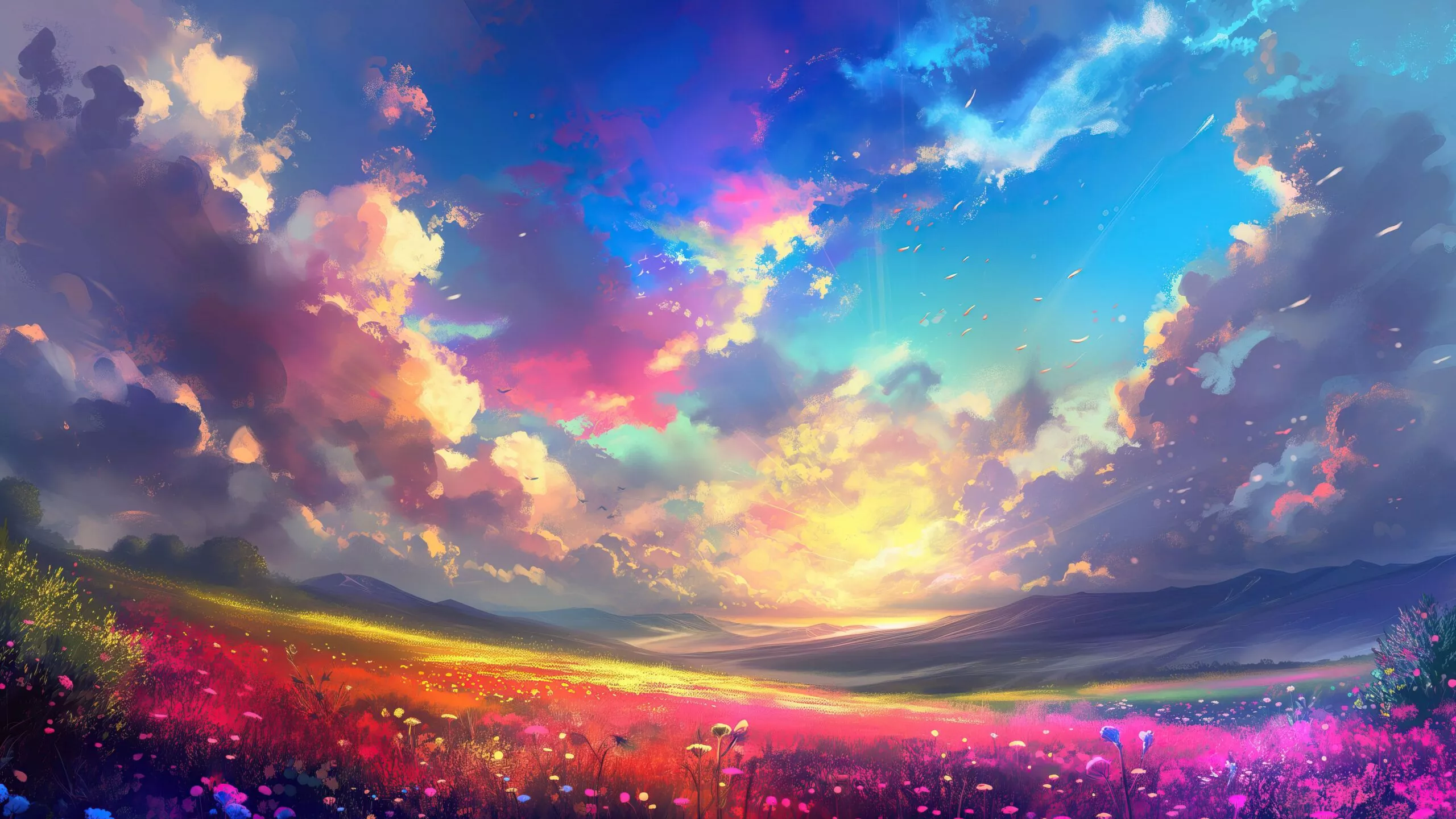 Rainbow Clouds And Flower Fields 4K