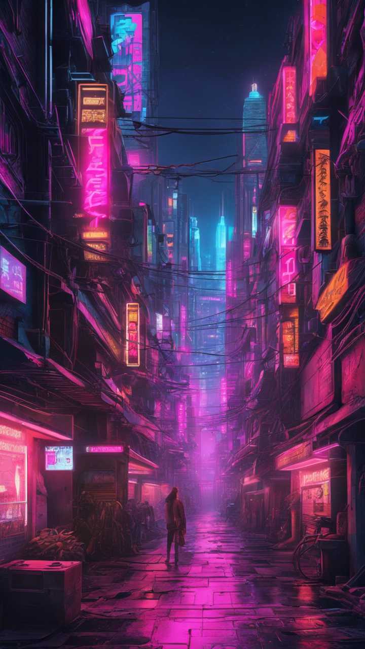 A dark alley in a bustling cyberpunk