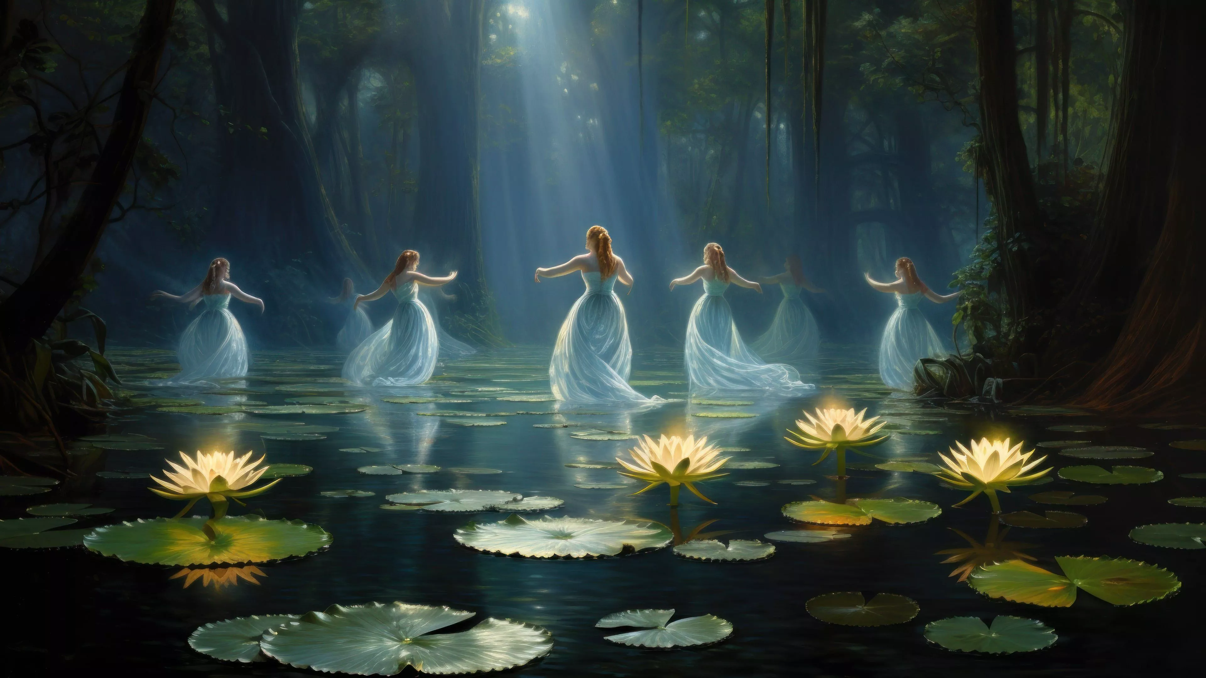 Ethereal Women Dancing On Water Lilies