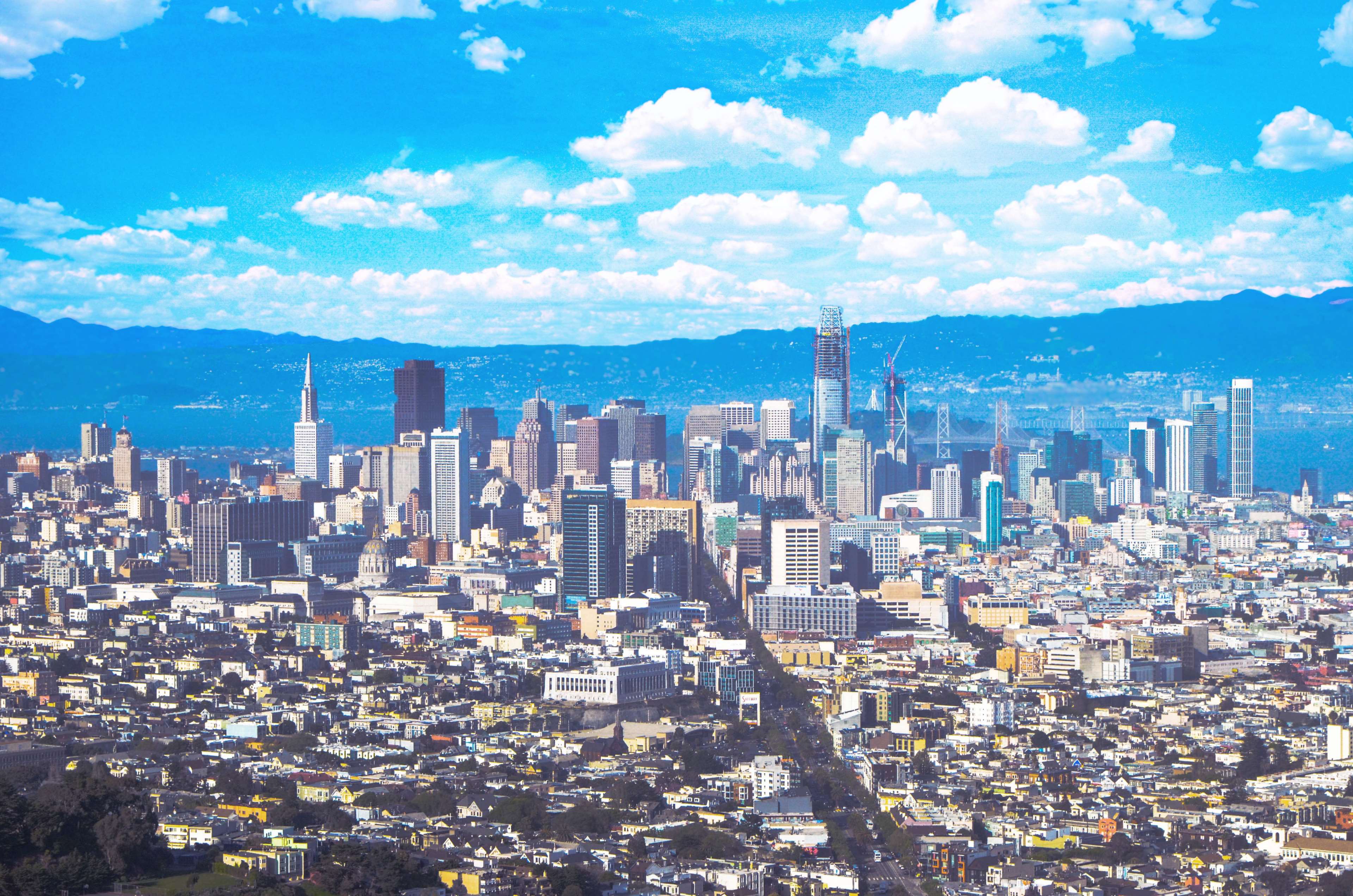 bay area, blue, buildings, cloudy, hue