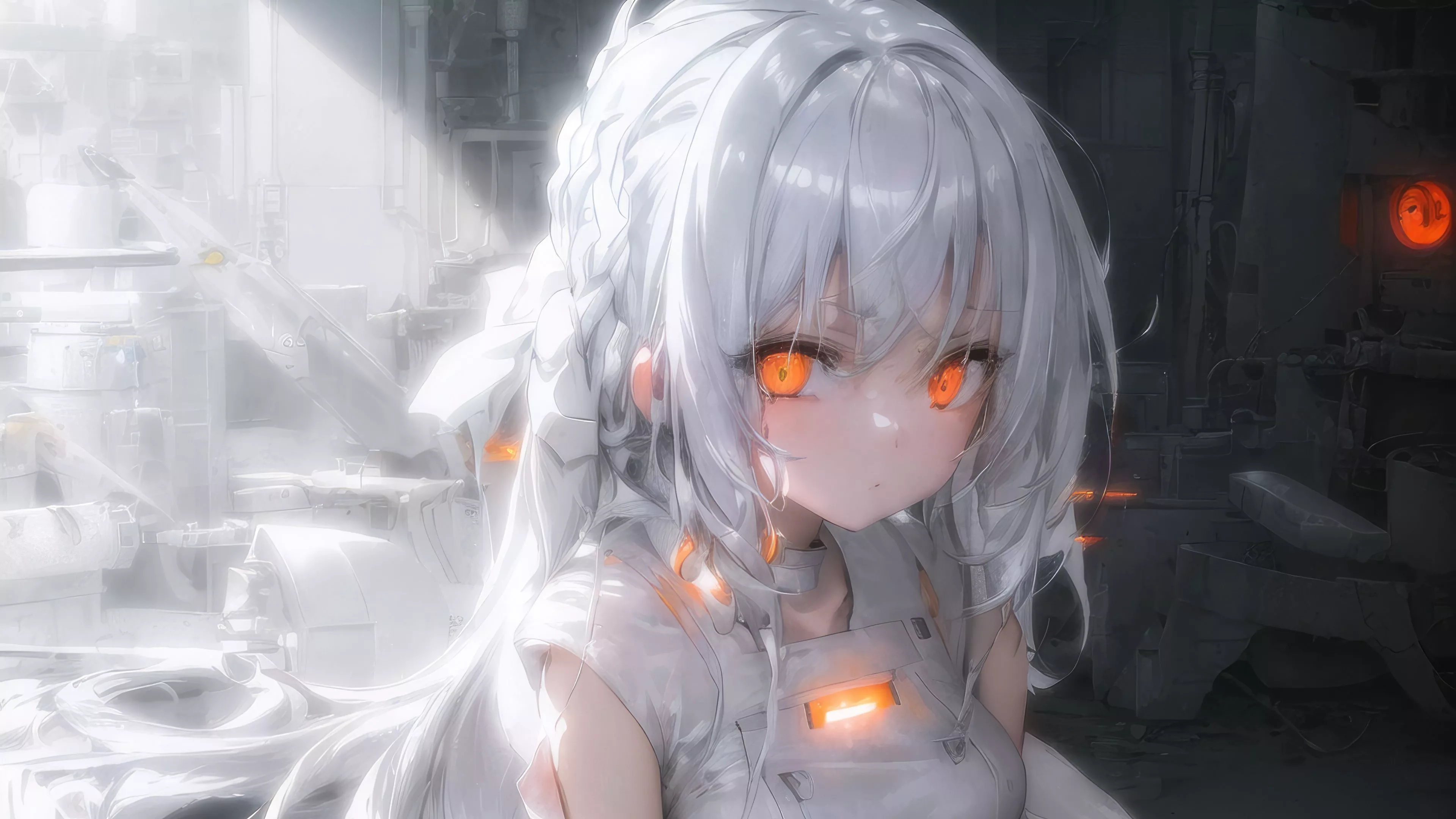 Orange Eyes White Hair Anime Girl Glow