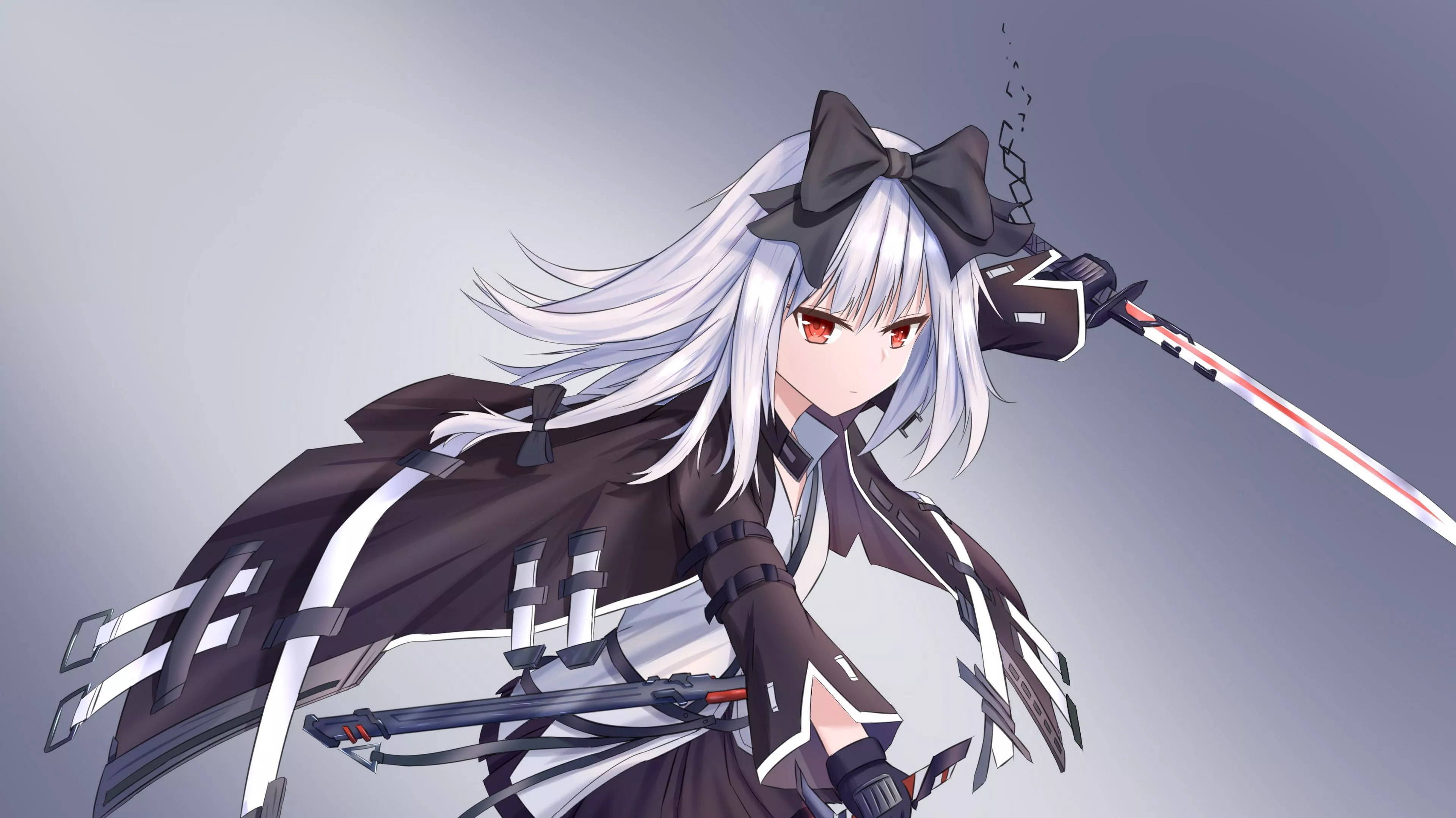 White Hair Anime Girl With Sword Black