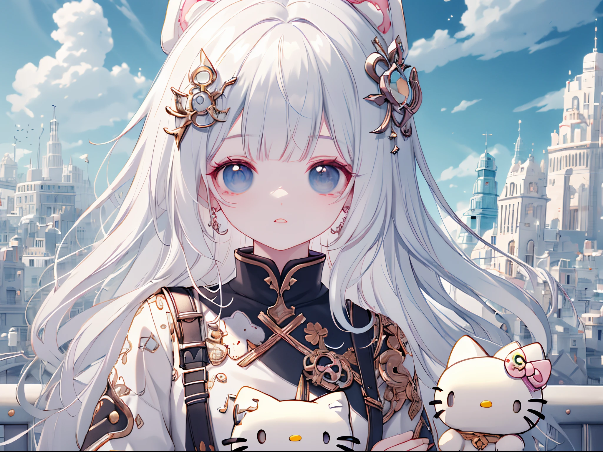 Anime girl with white hair and kitty