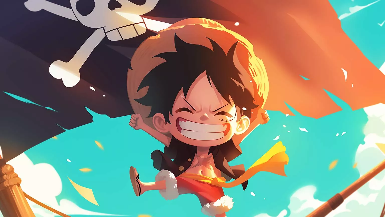 Chibi Luffy Pirate Ship Sunny Smile Desktop Wallpaper in 4K