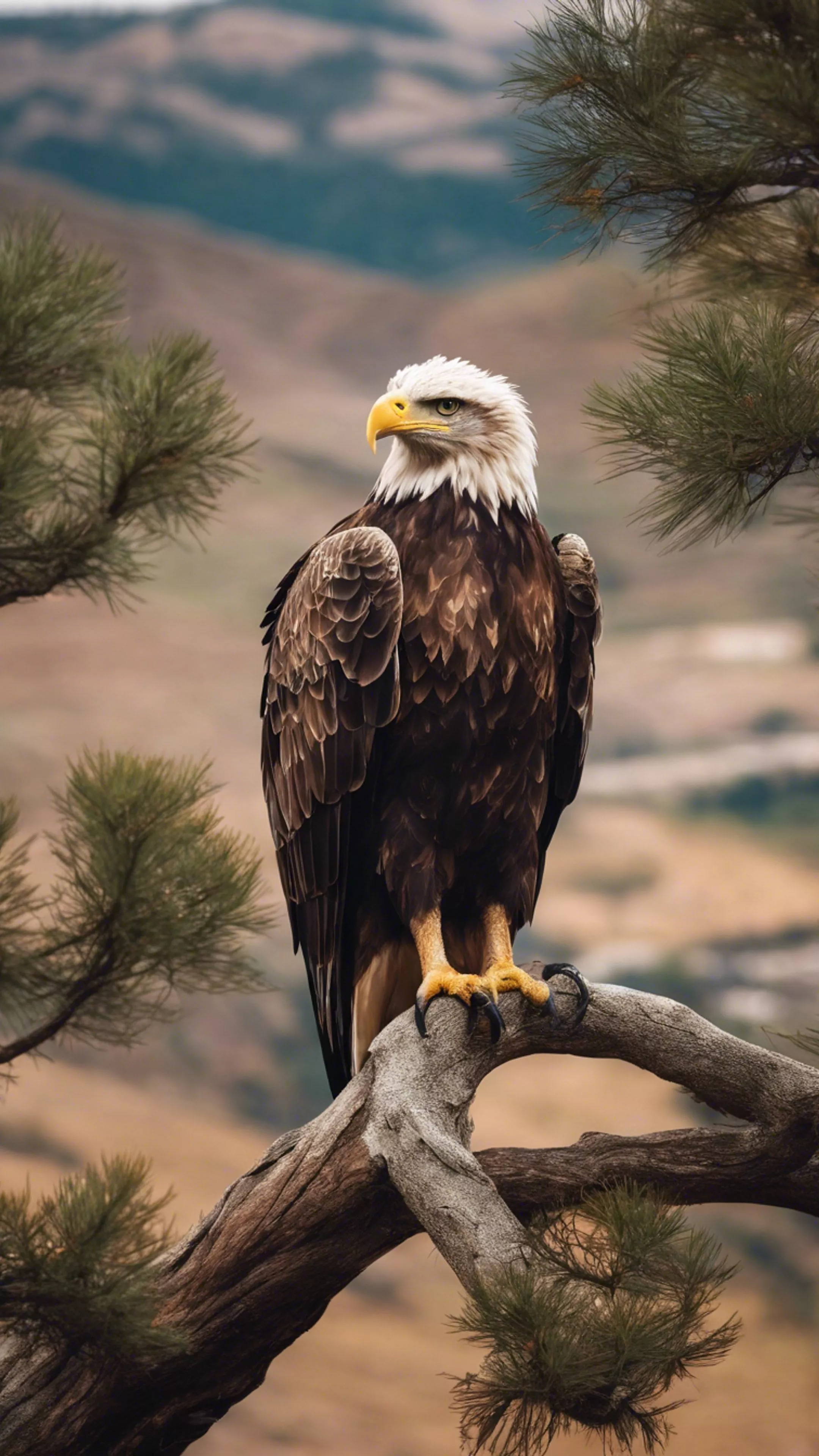 A wild eagle perched high in a tree