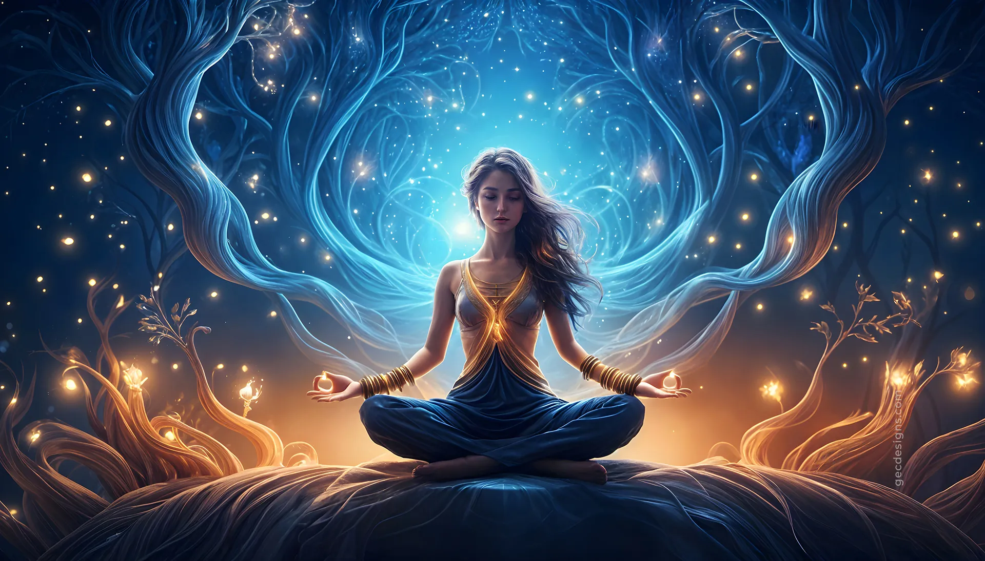 Young woman meditation in a lotus pose wallpaper with spiritual aura neural network background