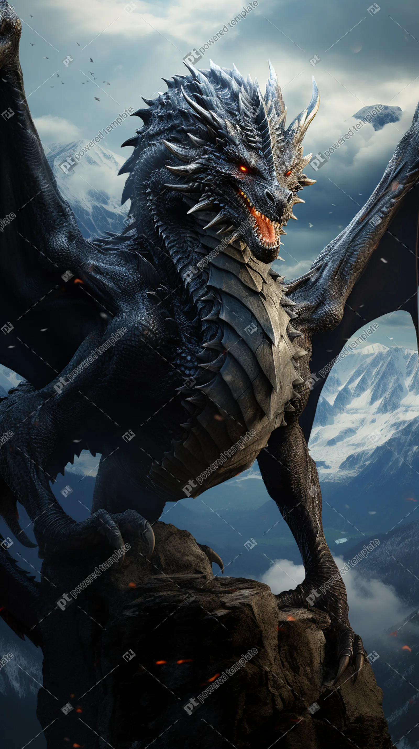 Majestic Black Dragon Soaring Over