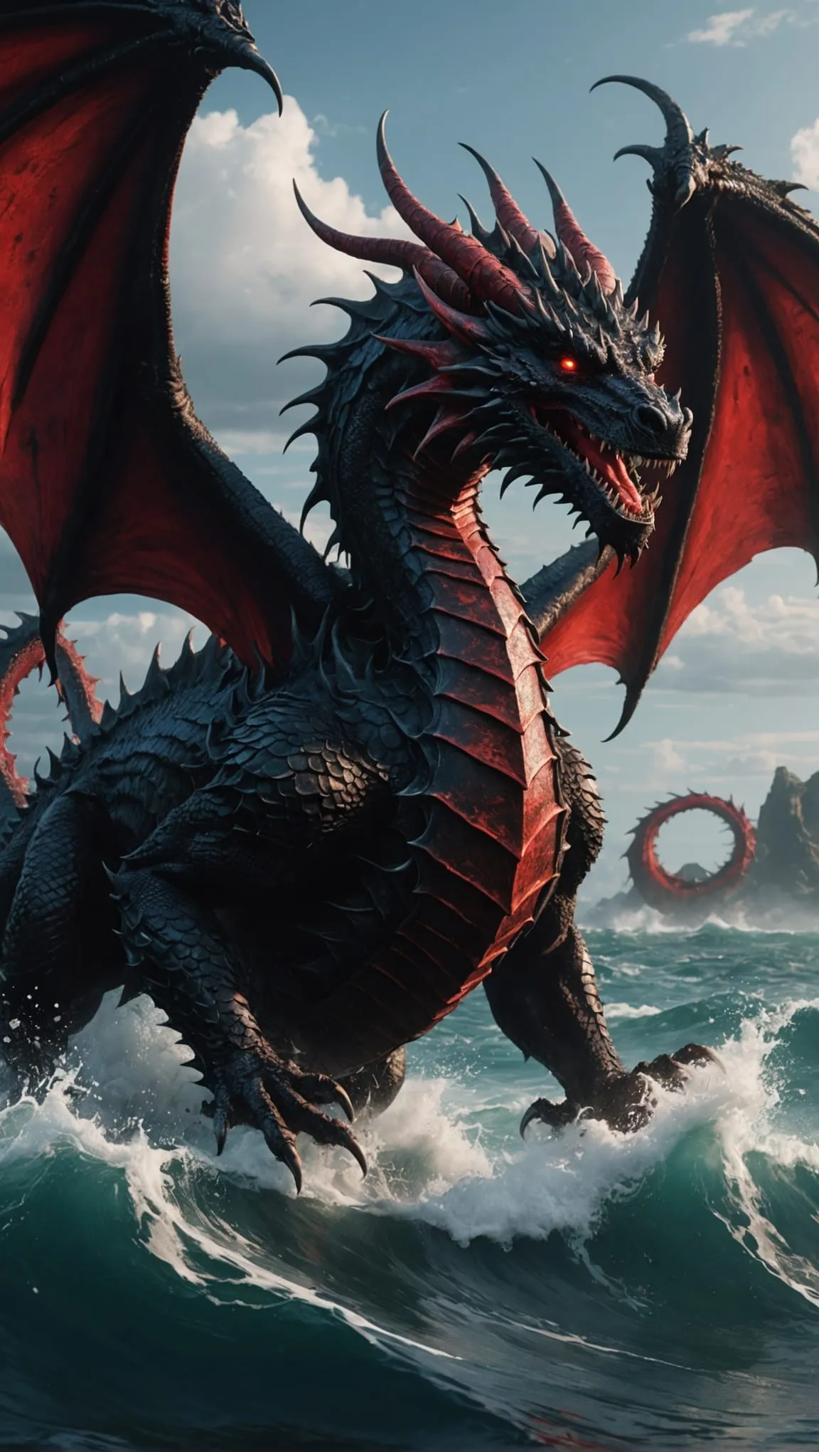 red and black dragon in sea