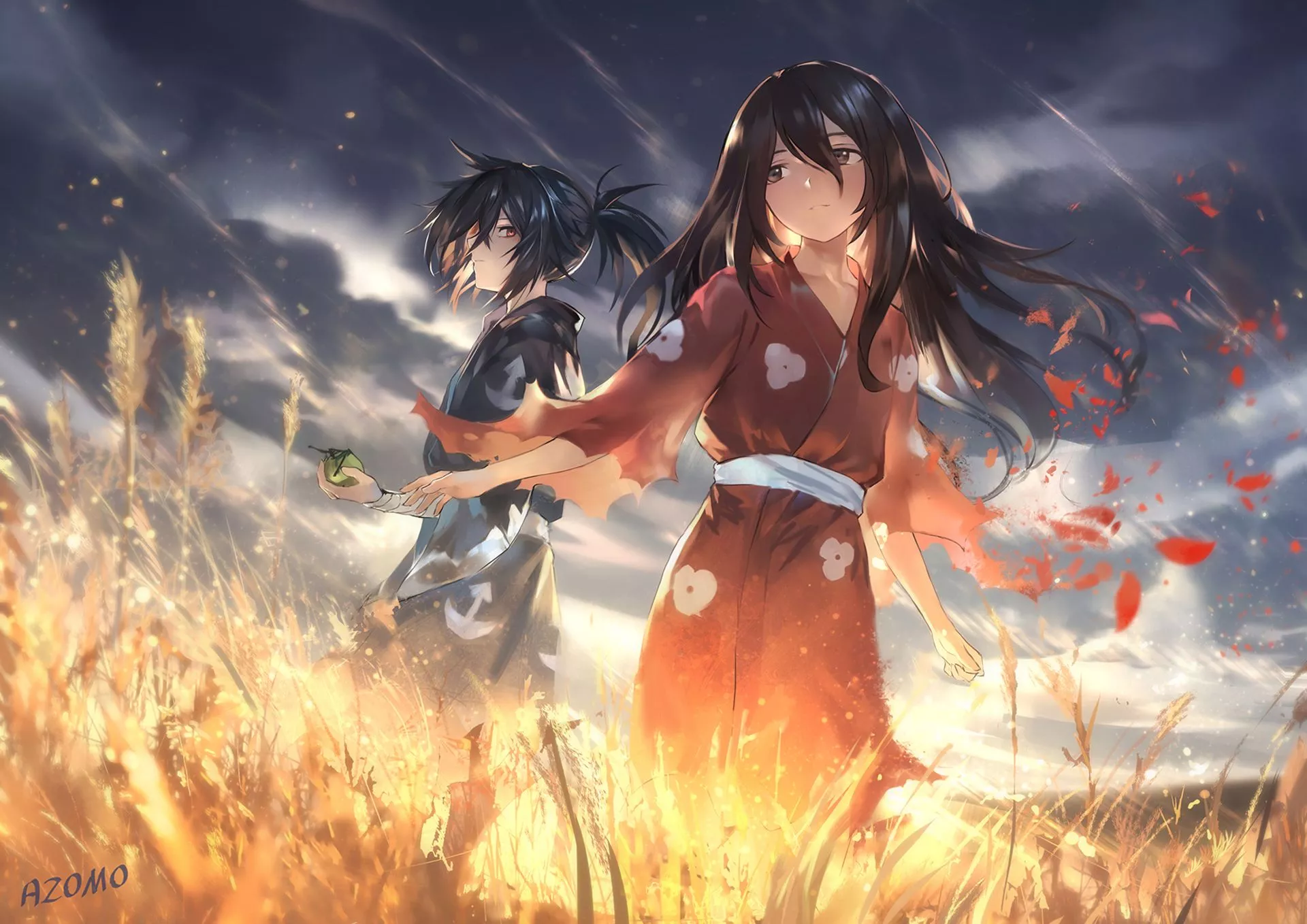 Epic Dororo HD Wallpaper: Mio and Hyakkimaru in the Fields