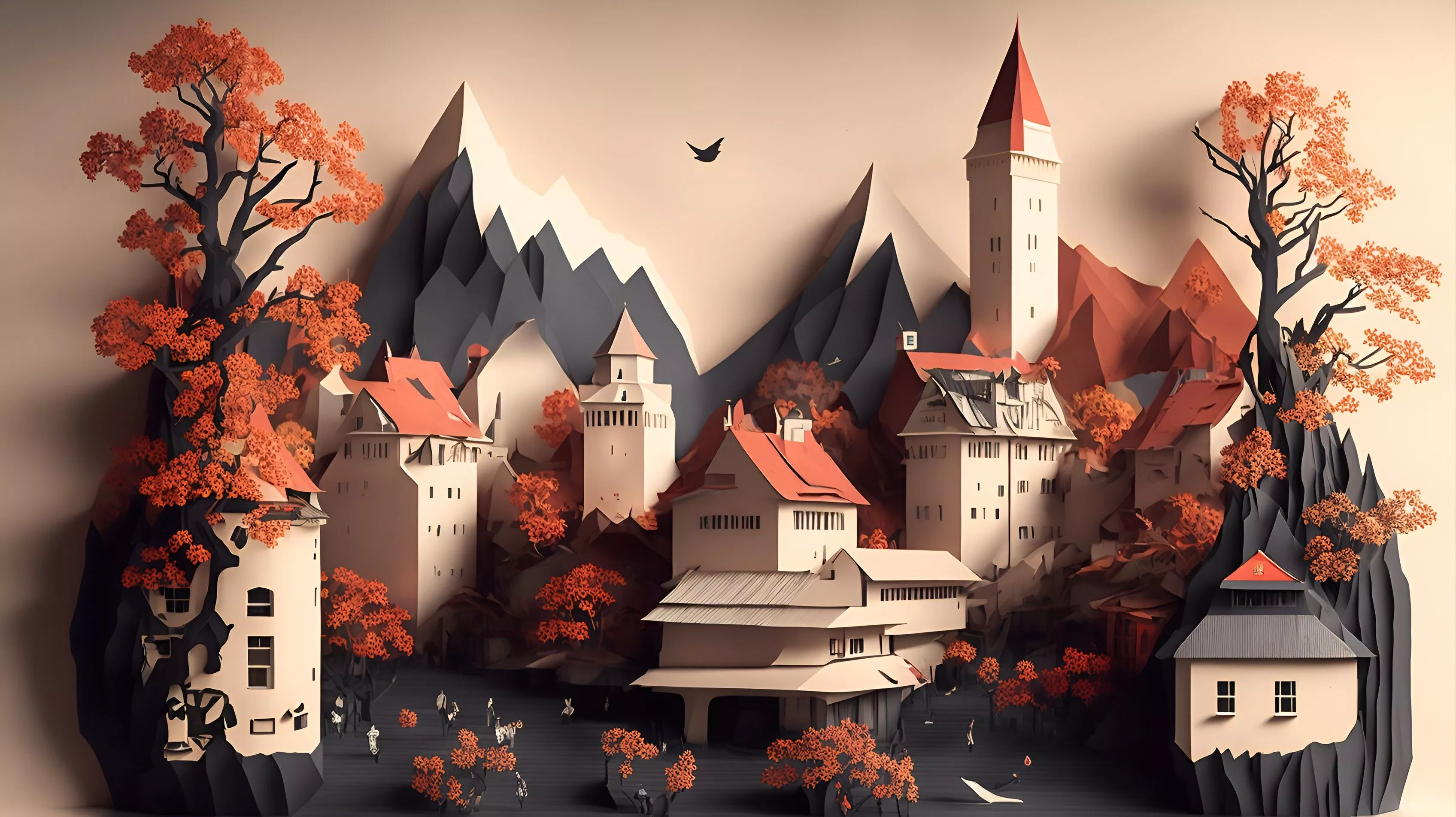 Mountain House Paper Art Wallpaper, HD