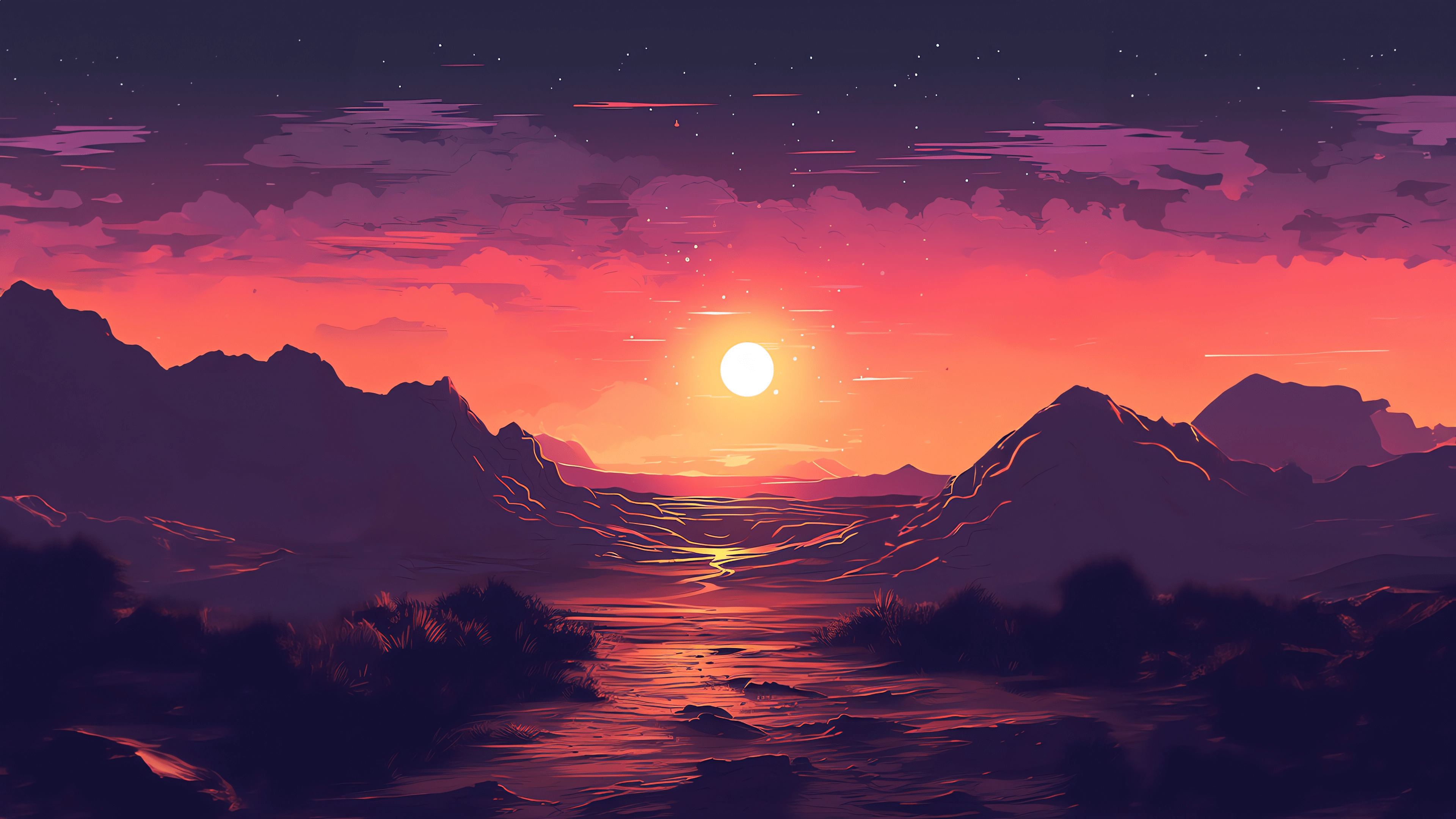 Sunset Oasis PC Wallpaper 4K