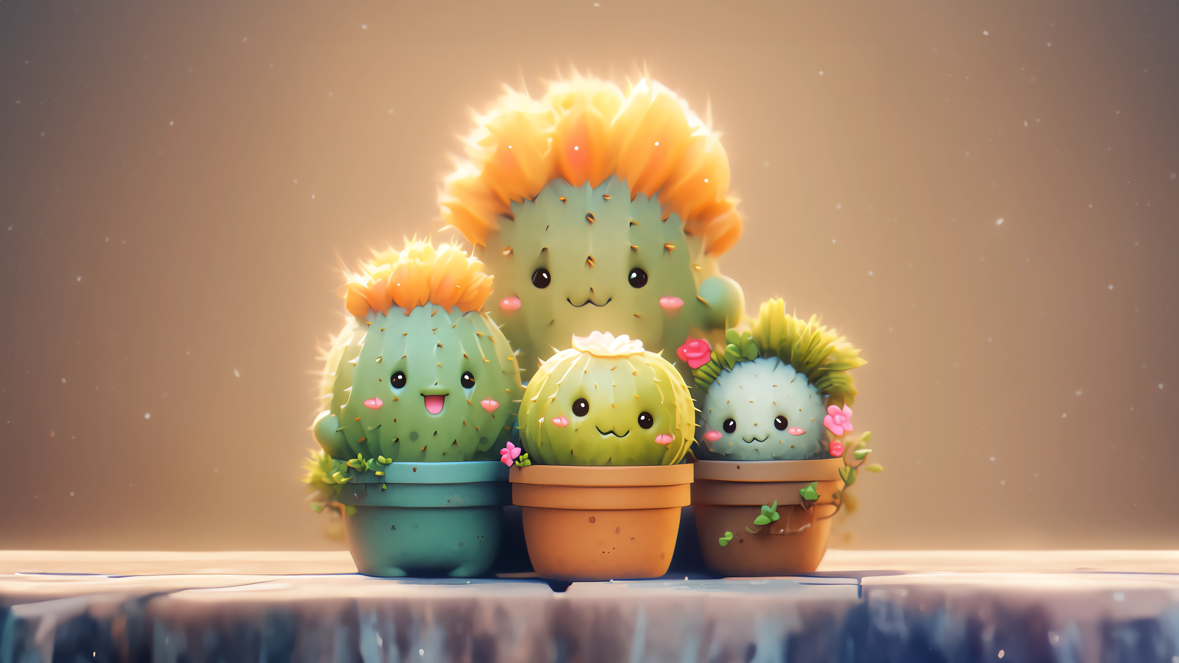 Kawaii Baby Cactus: 4K Wallpaper for PC