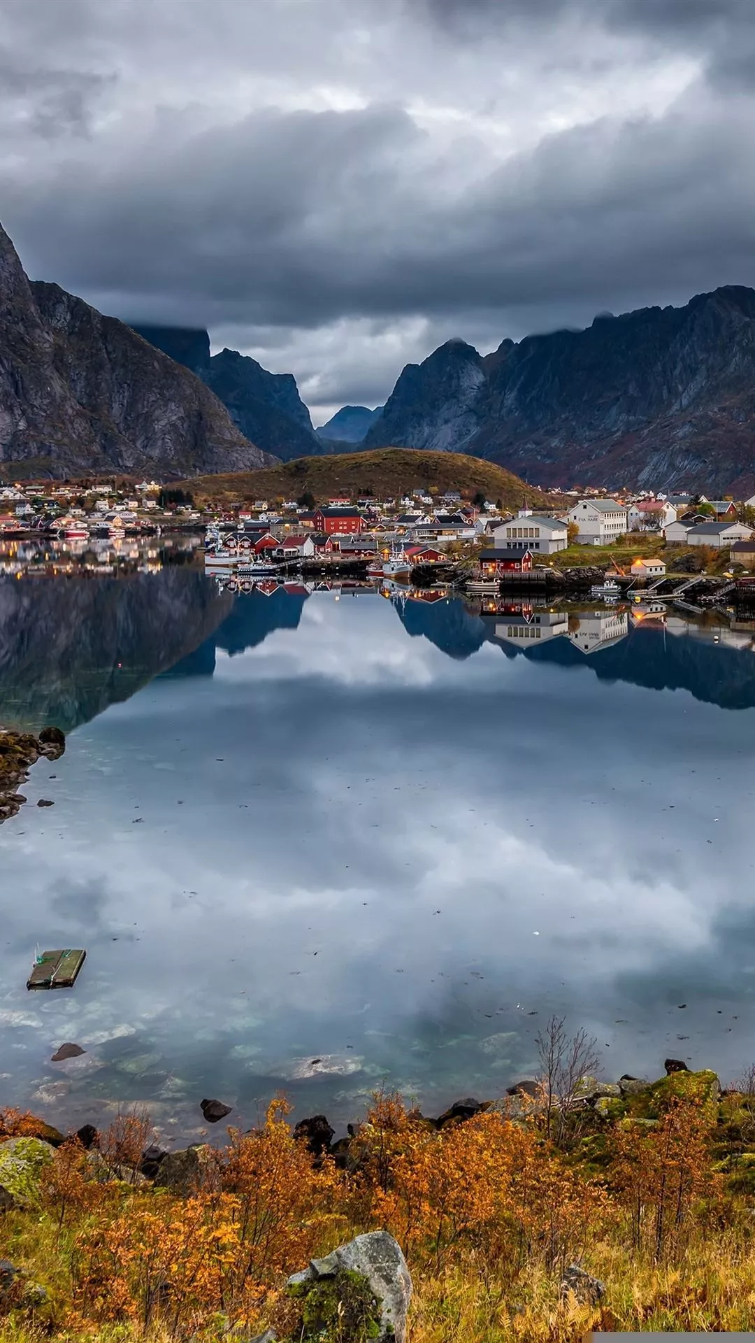 Norway, city, lake, mountains 1080x1920