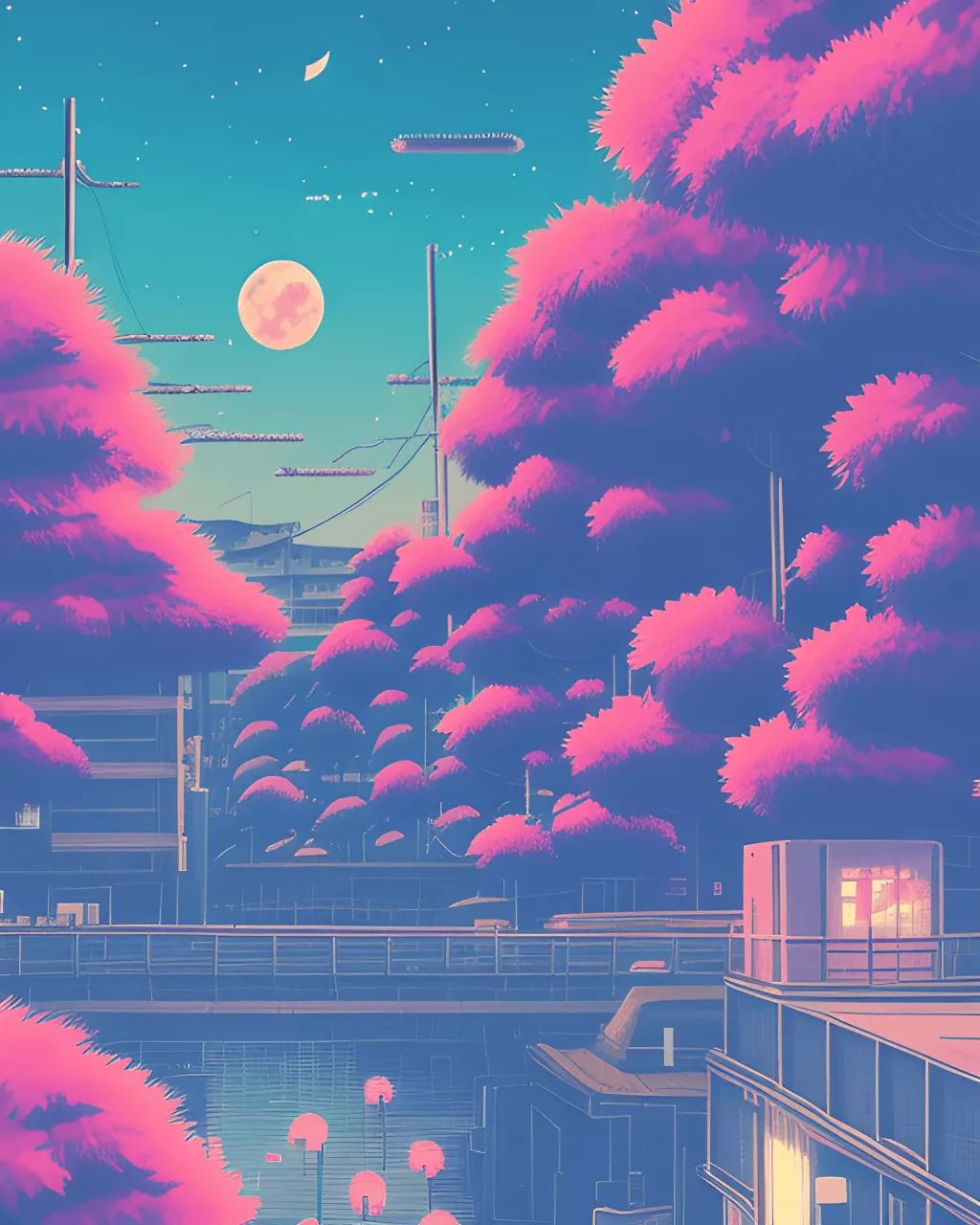 Synthwave Japanese Town with Moon